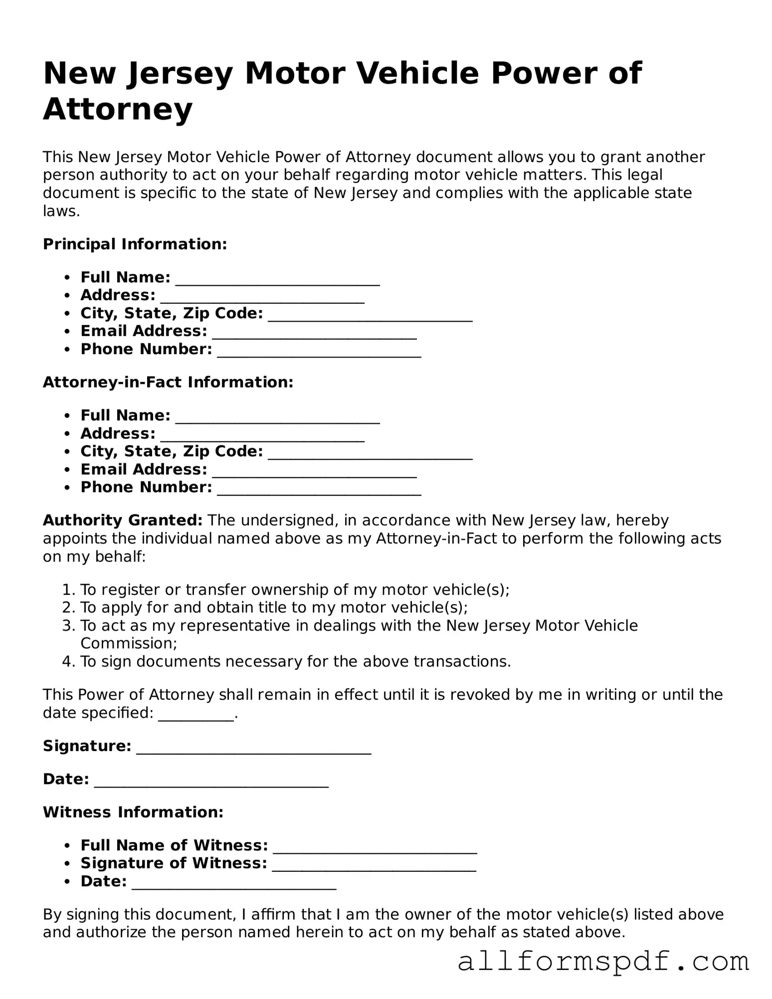 Fillable  Motor Vehicle Power of Attorney Form for New Jersey