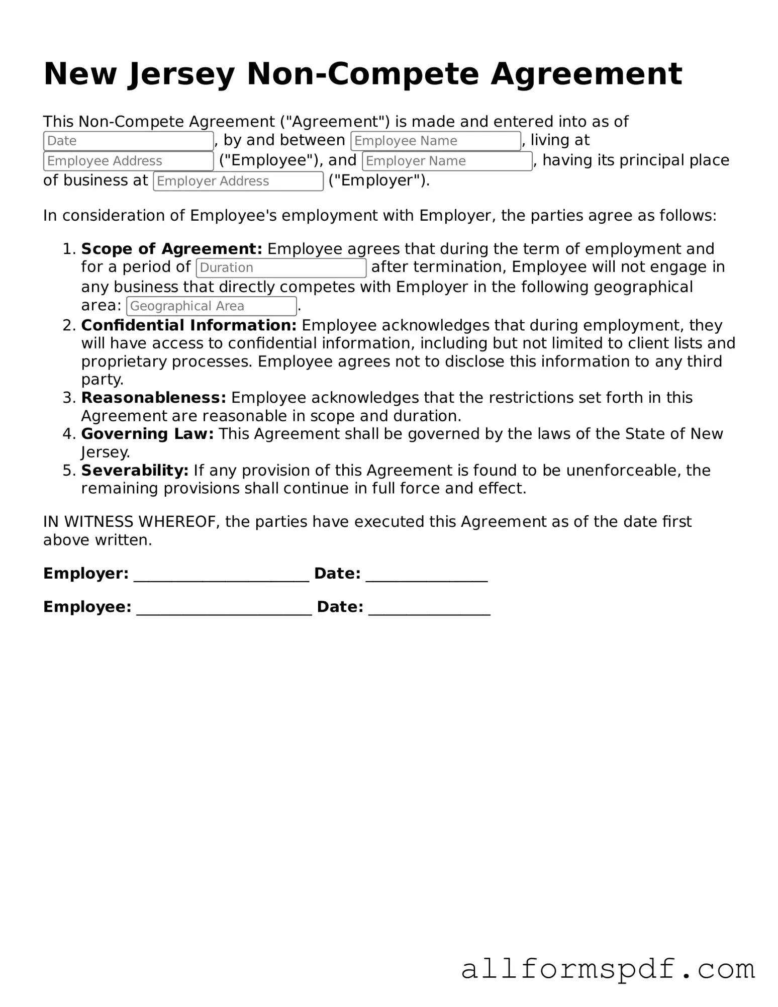 Fillable  Non-compete Agreement Form for New Jersey
