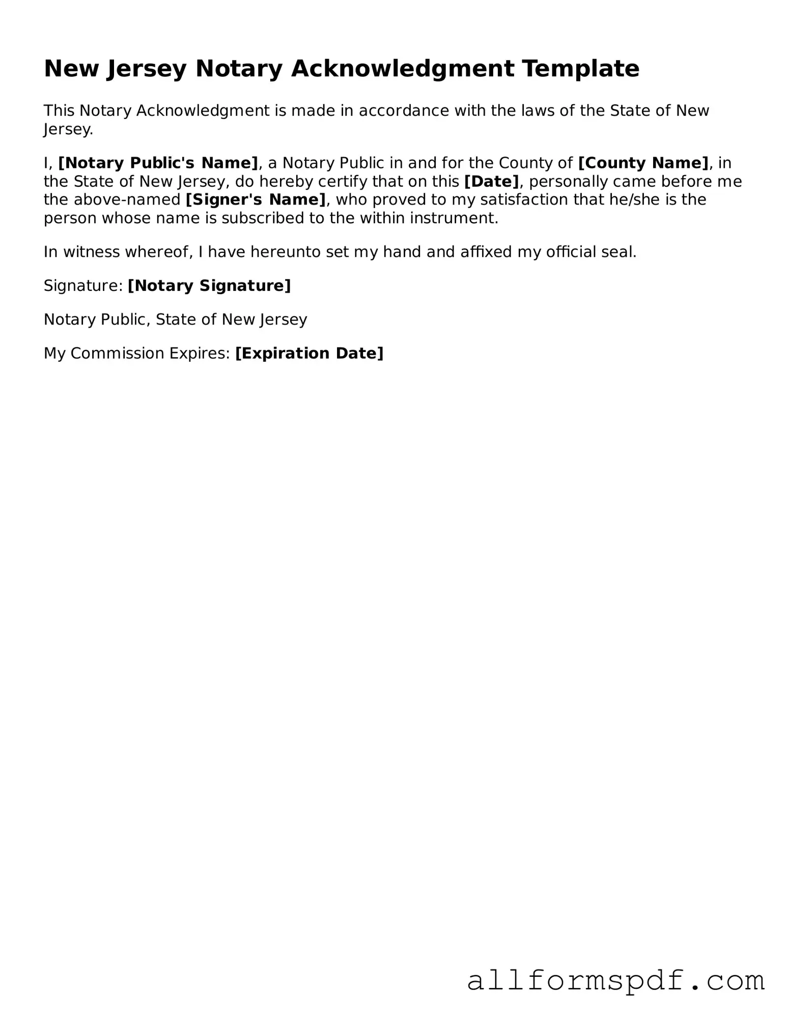 Fillable Notary Acknowledgement Form for New Jersey