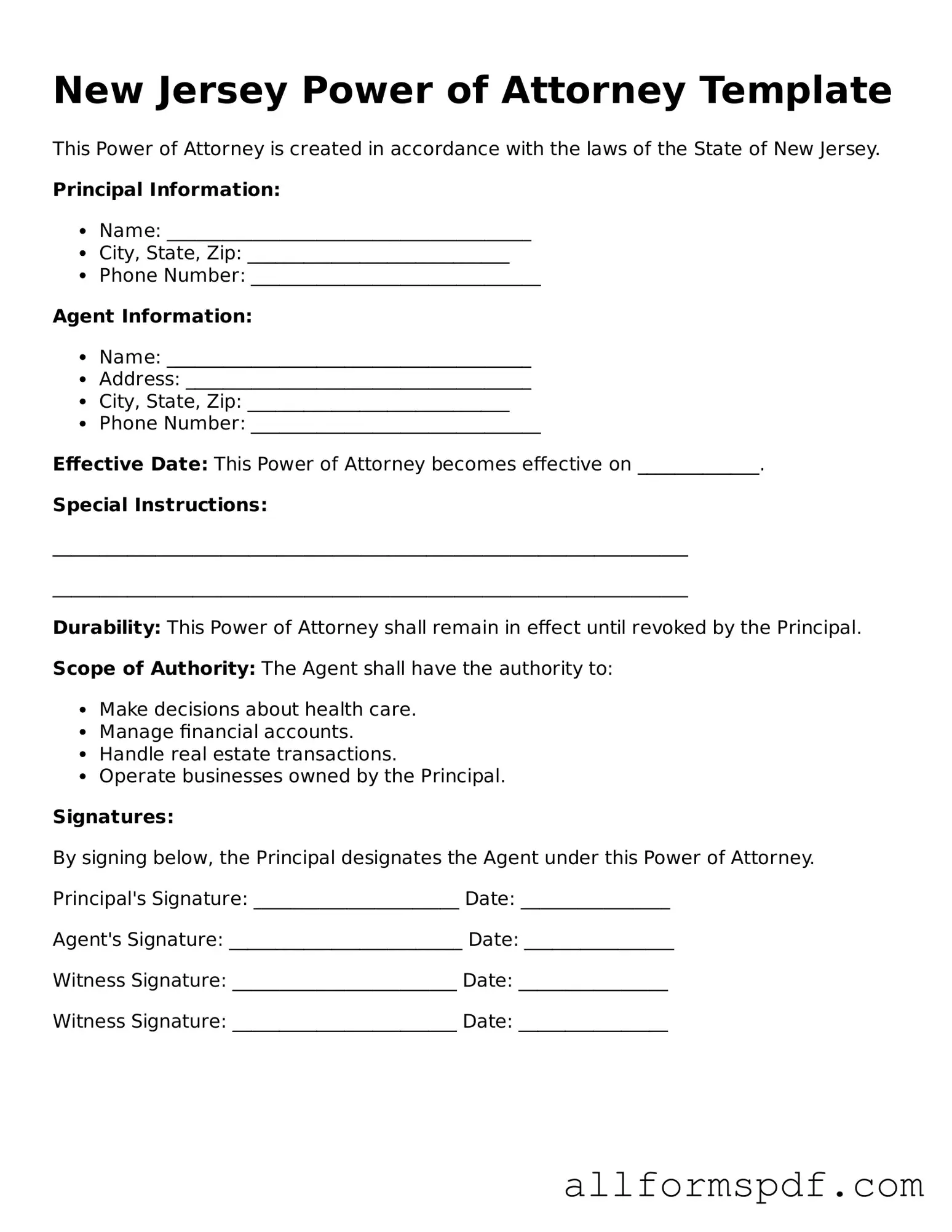 Fillable  Power of Attorney Form for New Jersey