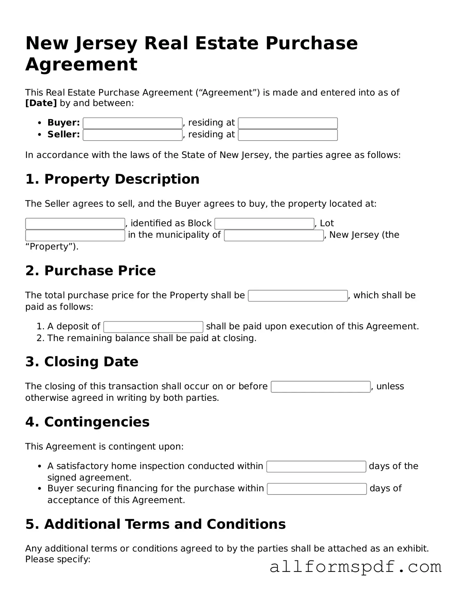 Fillable  Real Estate Purchase Agreement Form for New Jersey