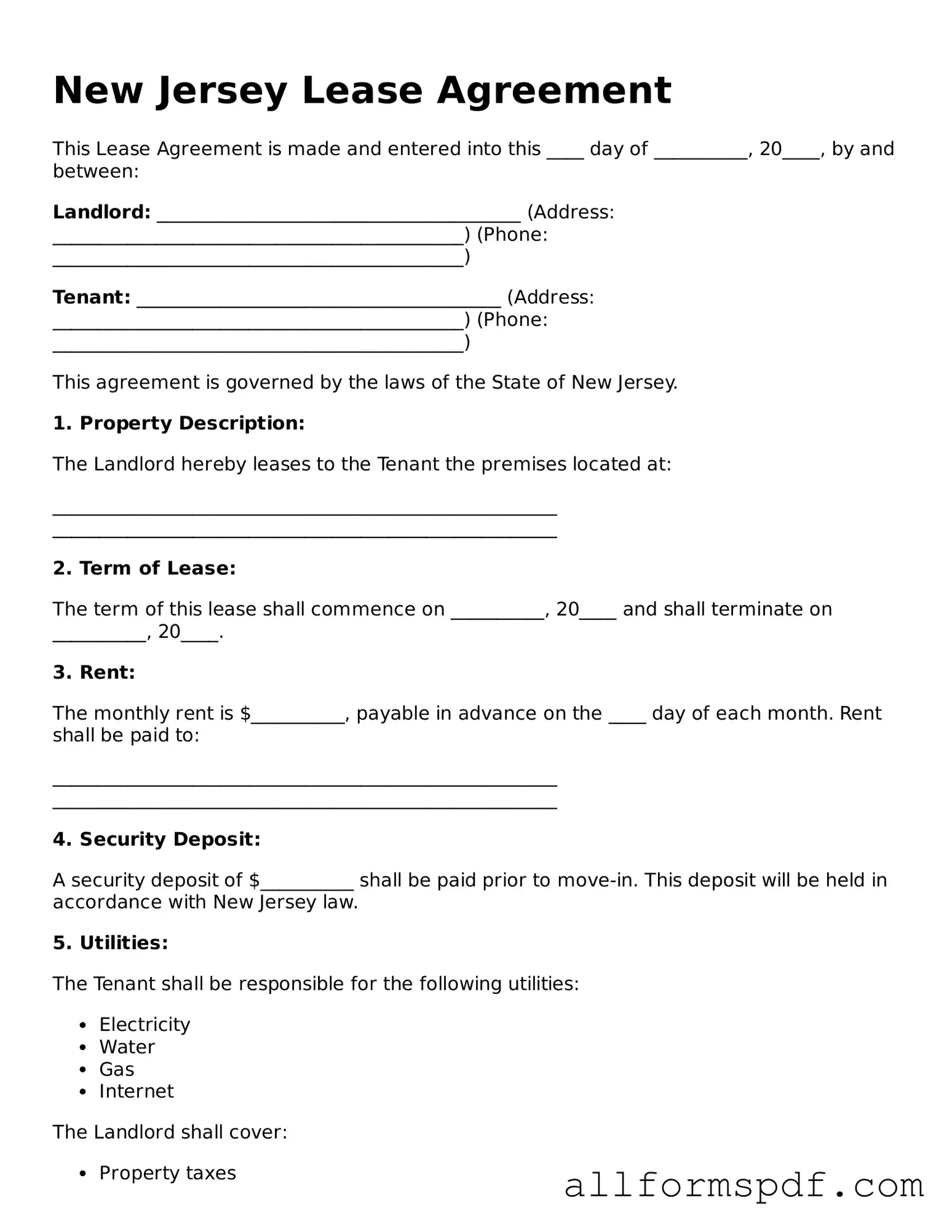 Fillable Lease Agreement Form for New Jersey