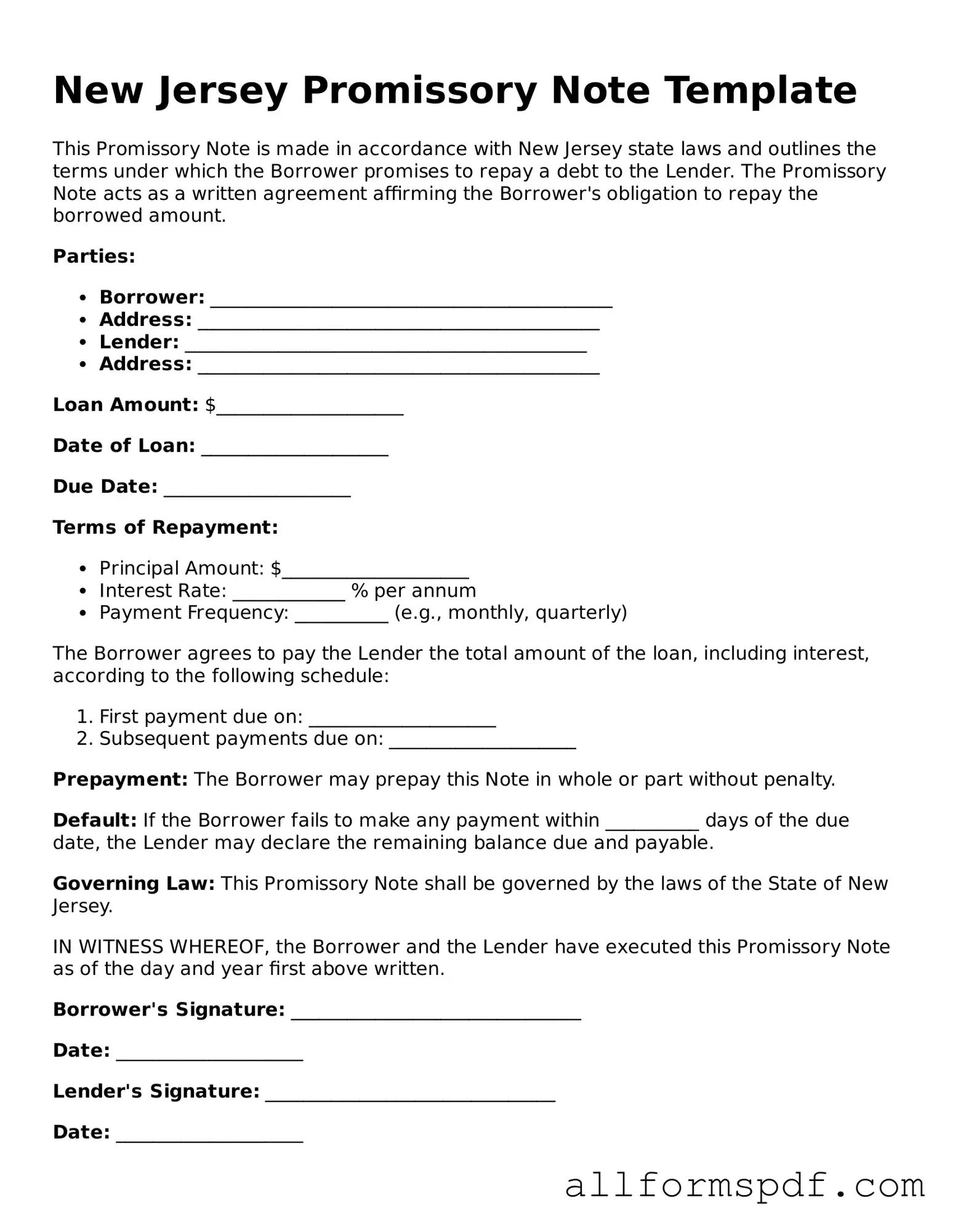 Fillable Promissory Note Form for New Jersey