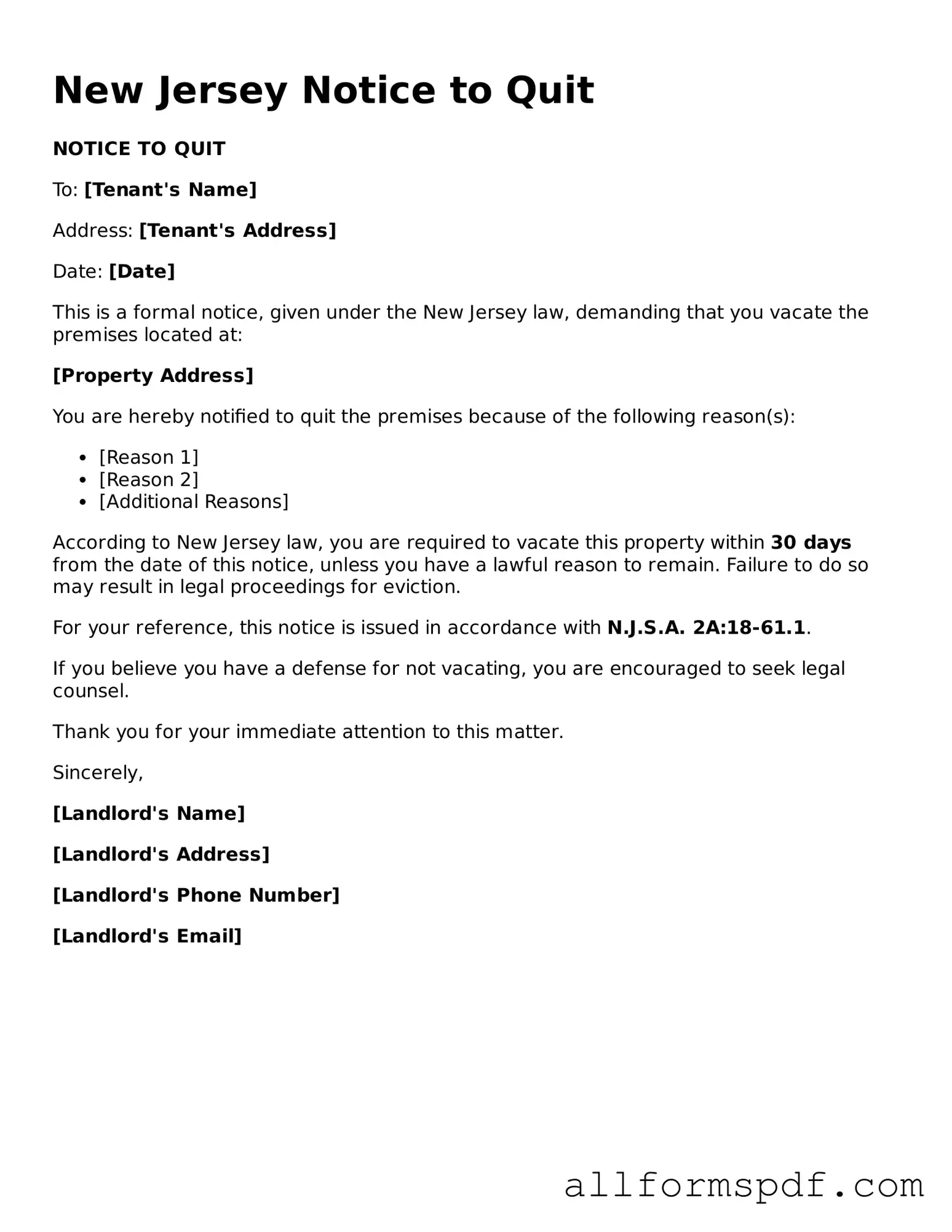 Fillable  Notice to Quit Form for New Jersey