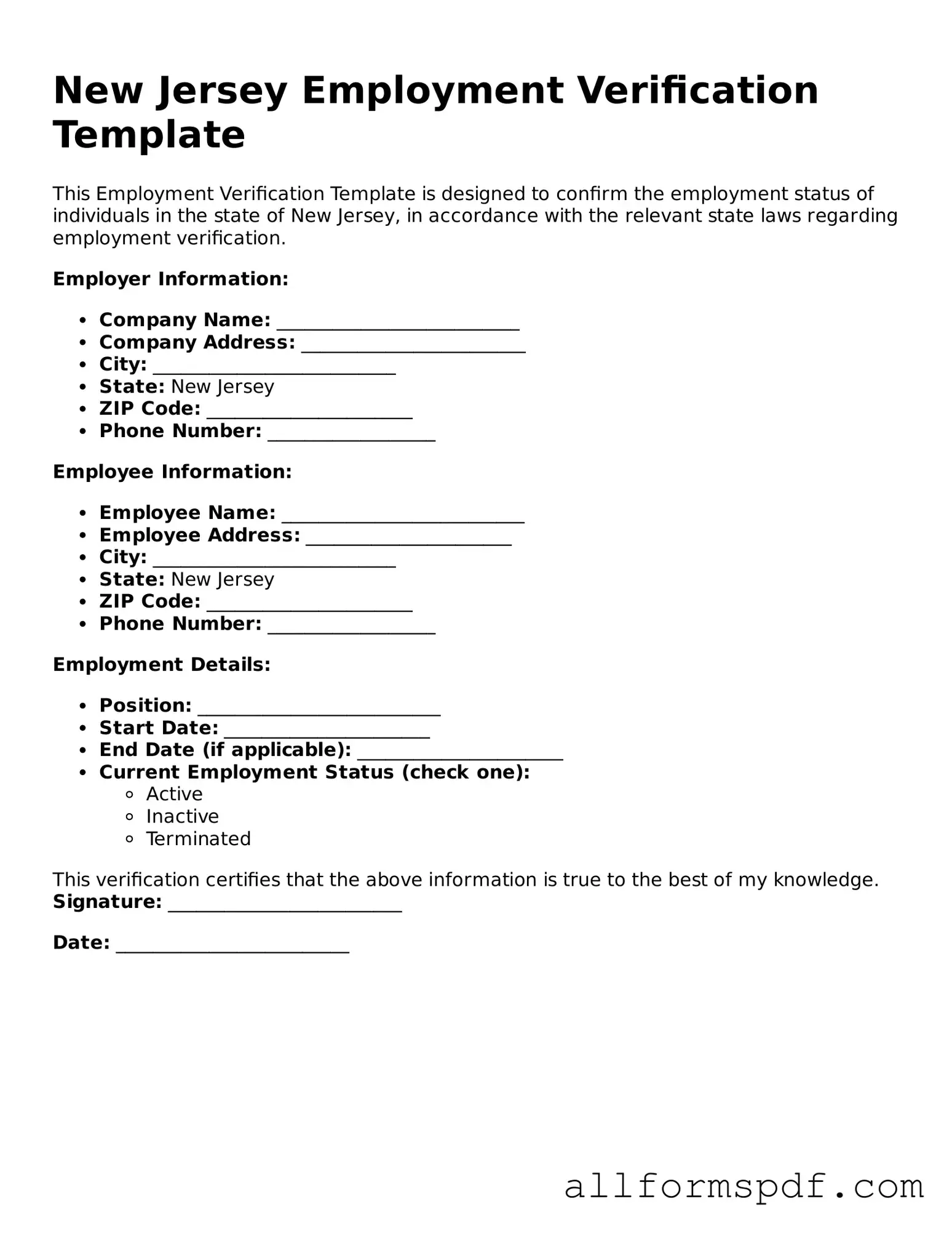 Fillable  Employment Verification Form for New Jersey