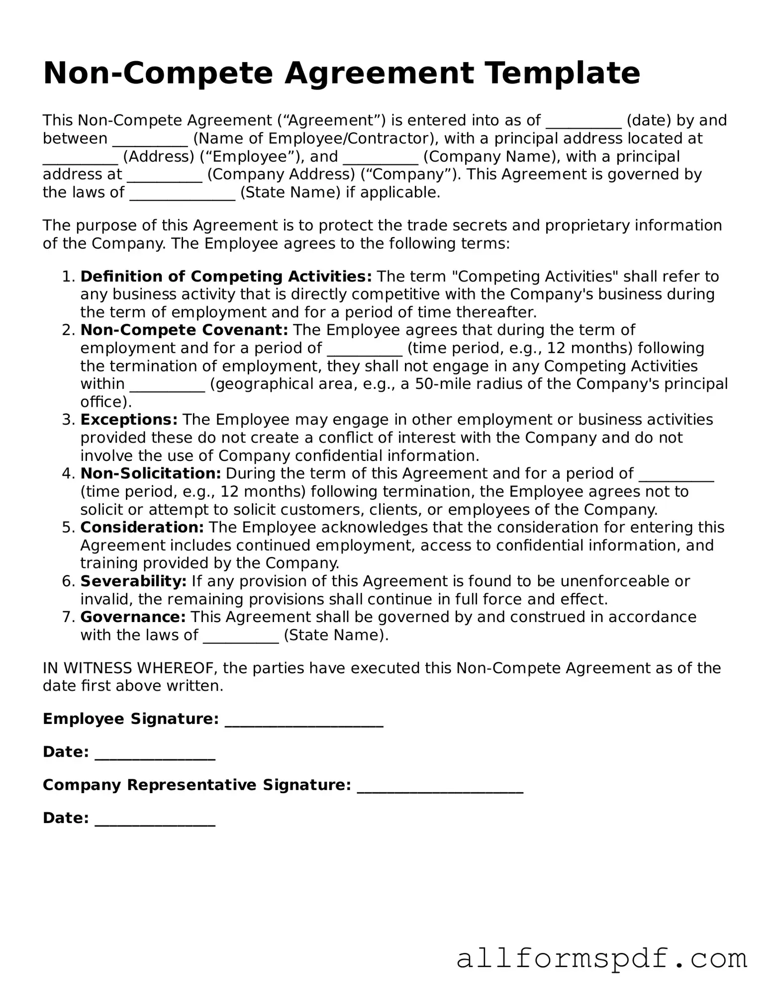 Printable Non-compete Agreement Form