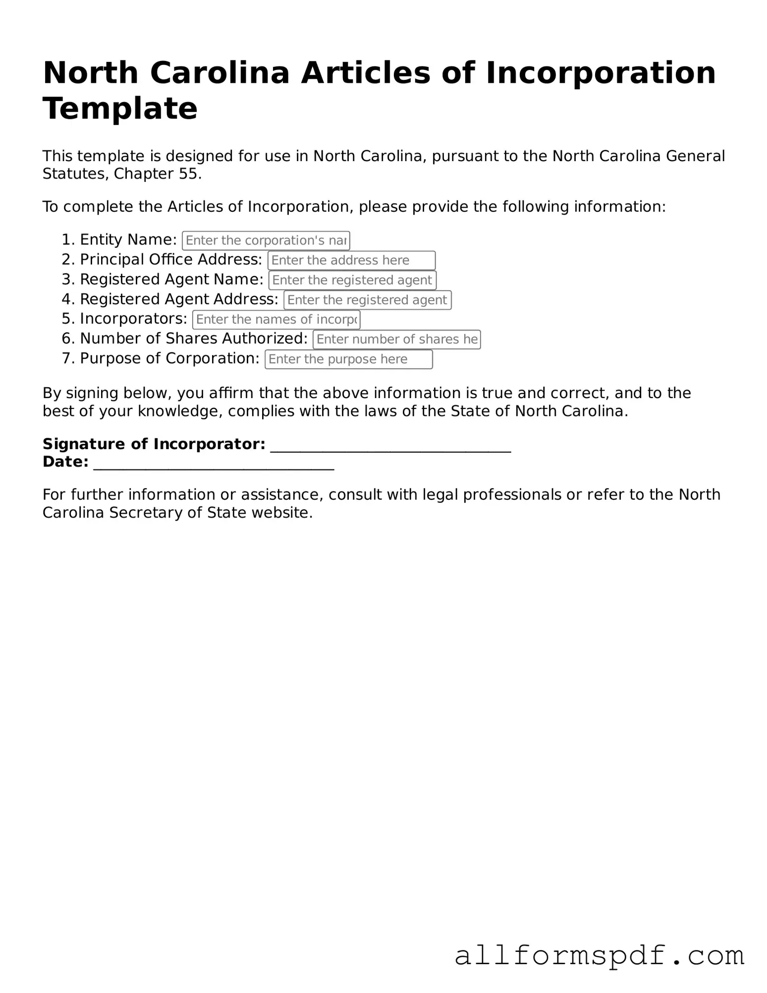 Fillable  Articles of Incorporation Form for North Carolina