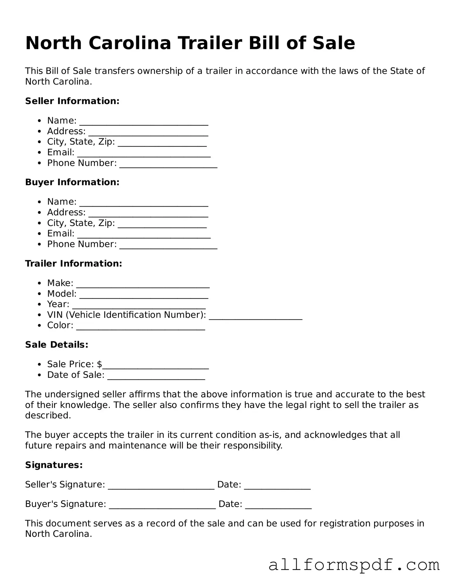 Fillable  Trailer Bill of Sale Form for North Carolina