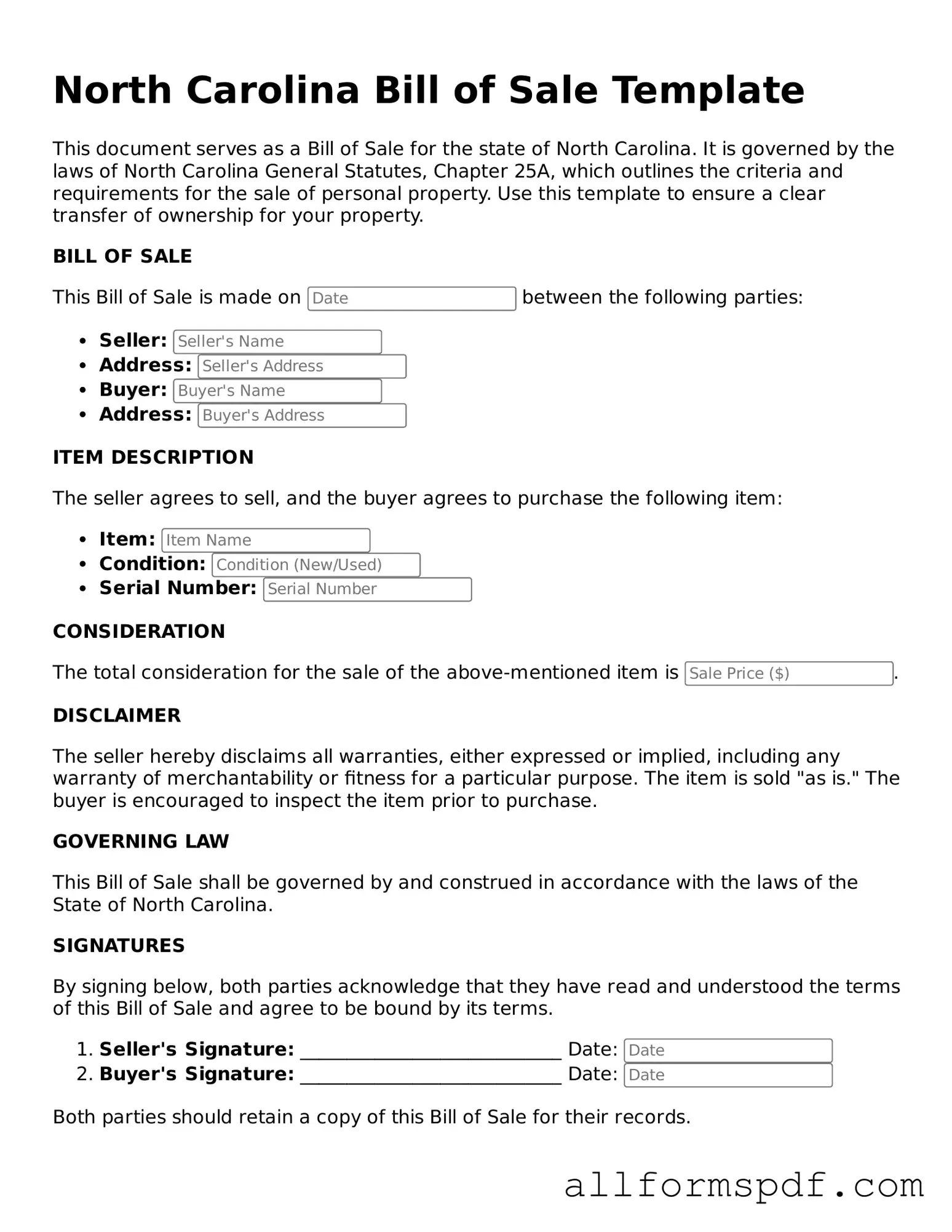 Fillable Bill of Sale Form for North Carolina