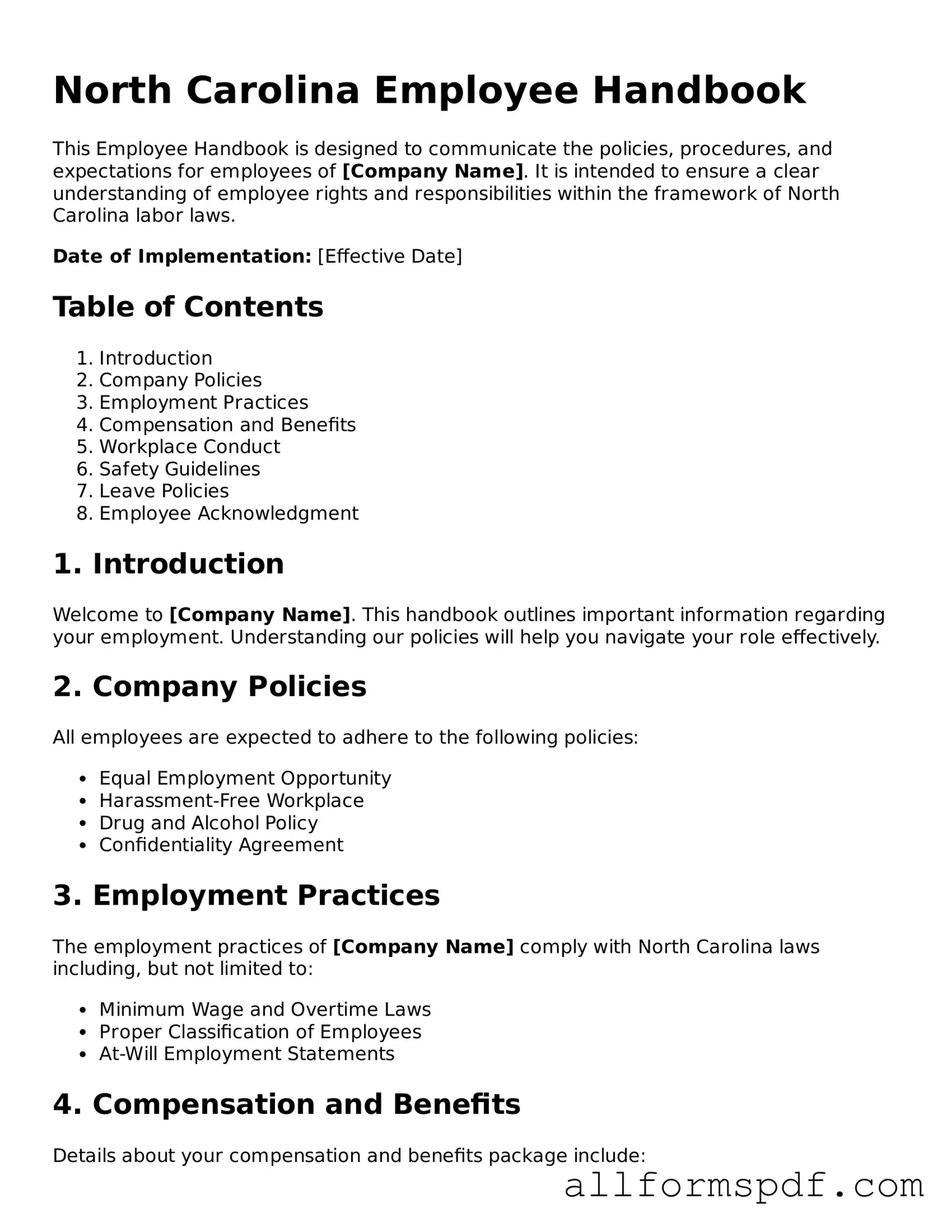 Fillable Employee Handbook Form for North Carolina