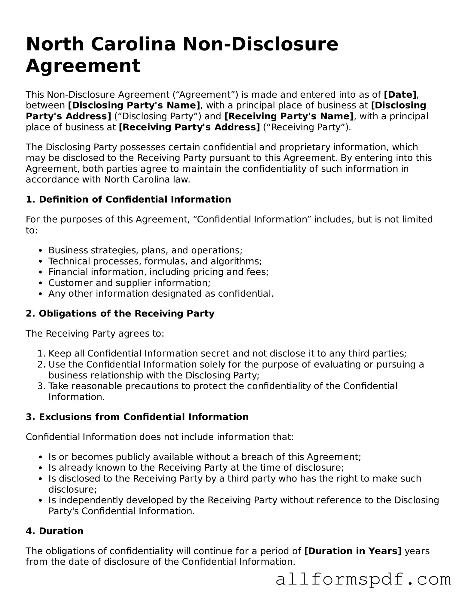 Fillable  Non-disclosure Agreement Form for North Carolina