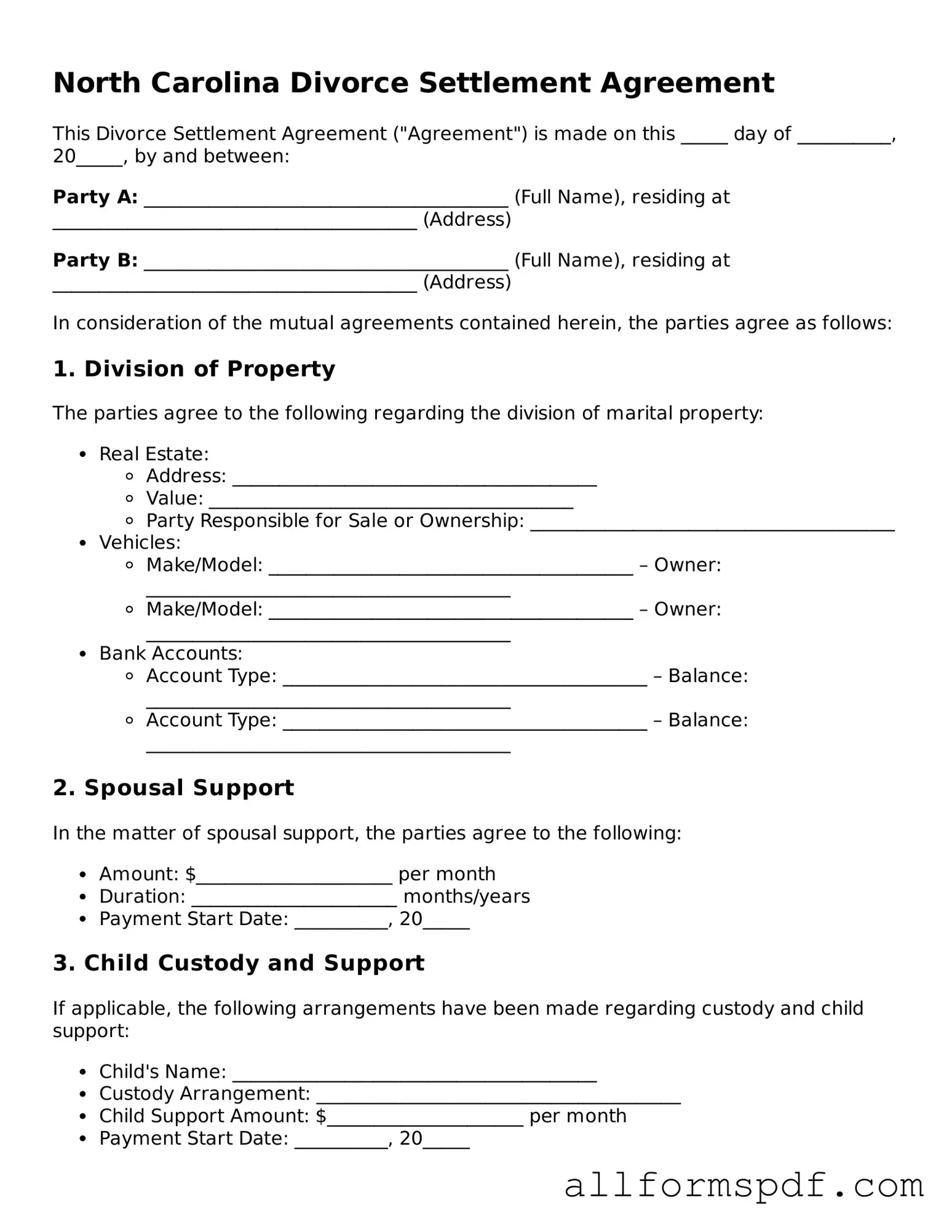 Fillable  Divorce Settlement Agreement Form for North Carolina