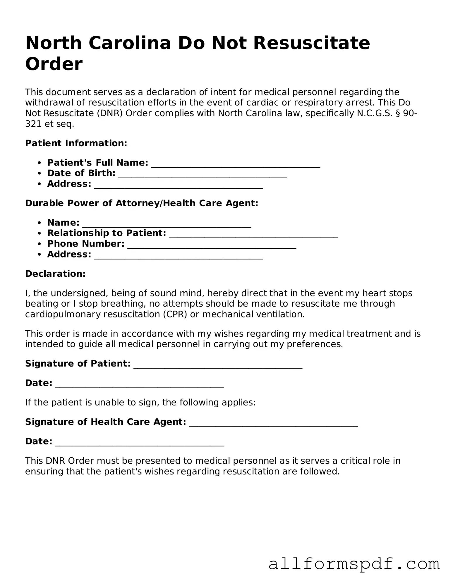 Fillable Do Not Resuscitate Order Form for North Carolina
