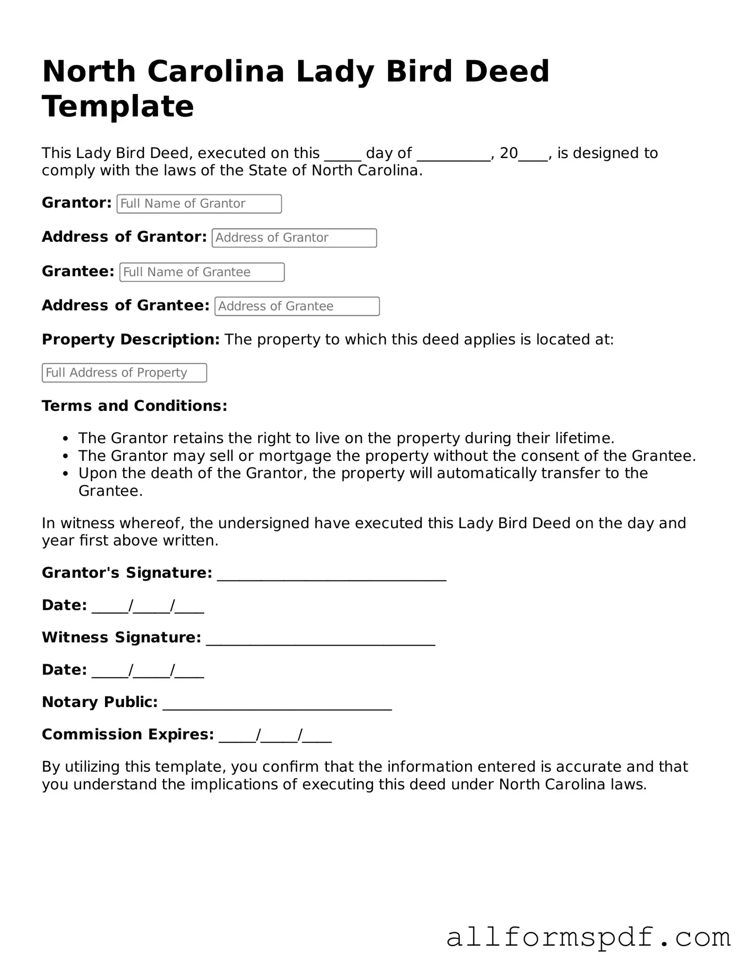 Fillable  Lady Bird Deed Form for North Carolina