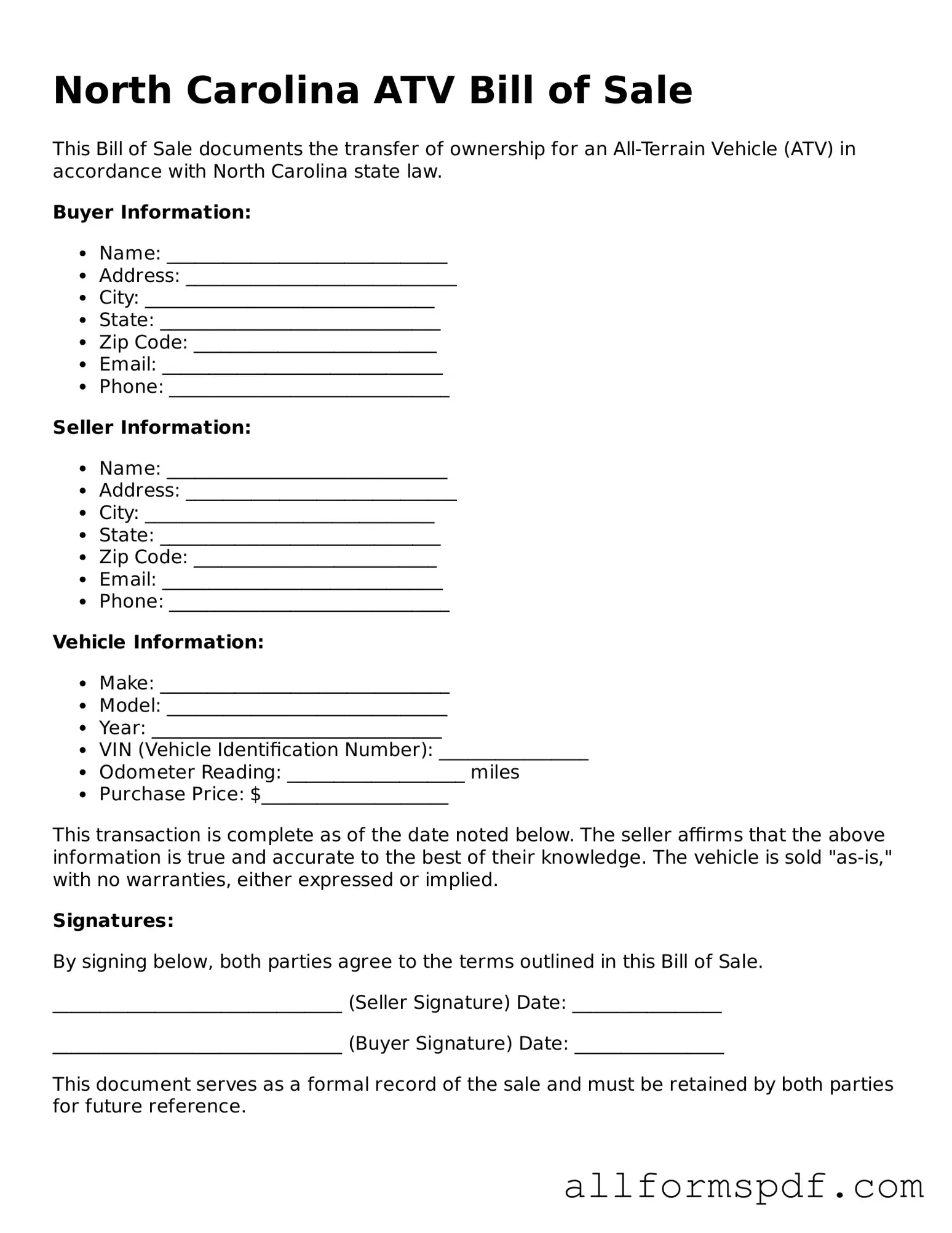 Fillable  ATV Bill of Sale Form for North Carolina