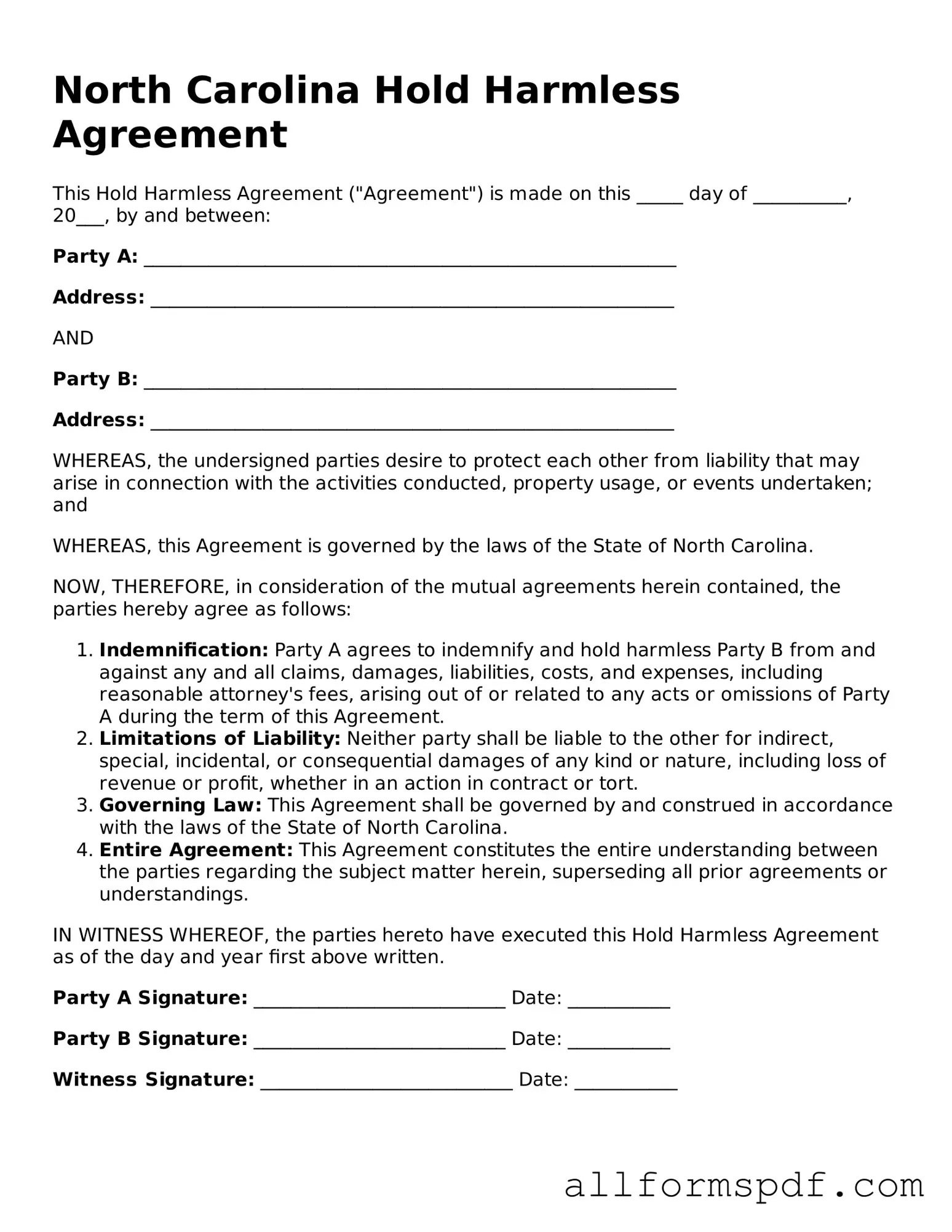 Fillable  Hold Harmless Agreement Form for North Carolina