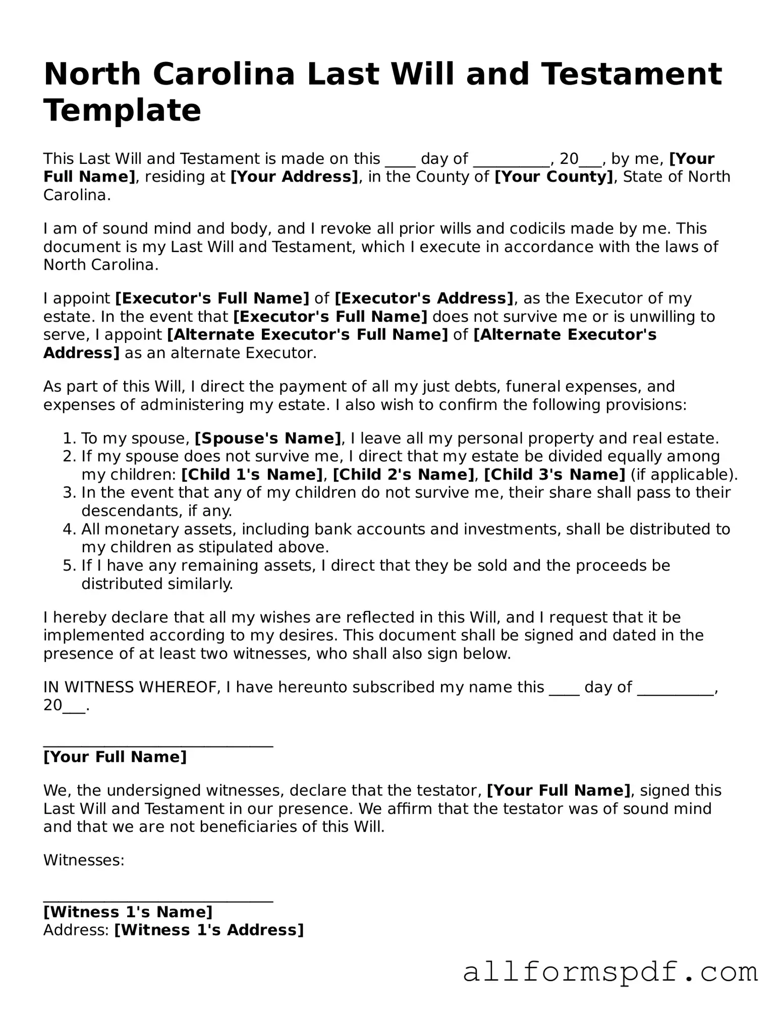 Fillable  Last Will and Testament Form for North Carolina