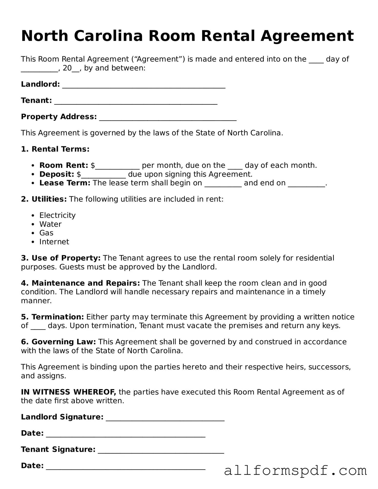 Fillable  Room Rental Agreement Form for North Carolina