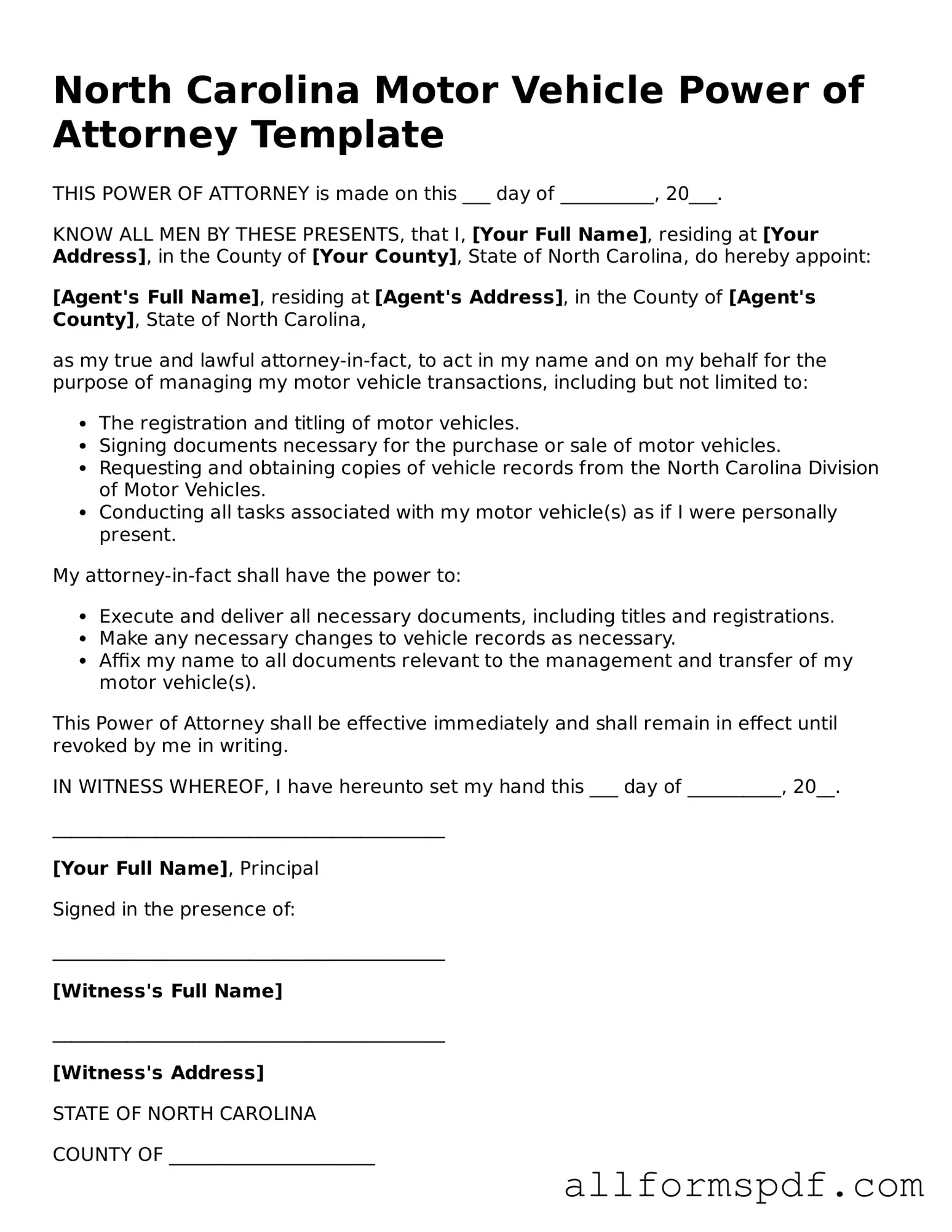 Fillable  Motor Vehicle Power of Attorney Form for North Carolina