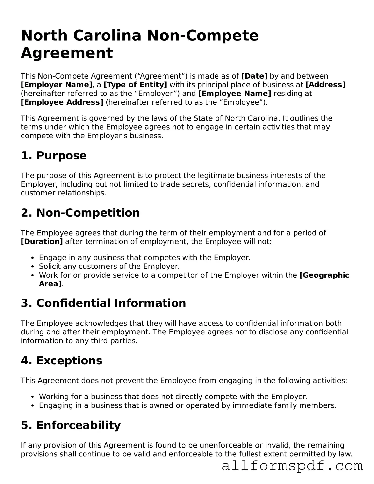 Fillable Non-compete Agreement Form for North Carolina