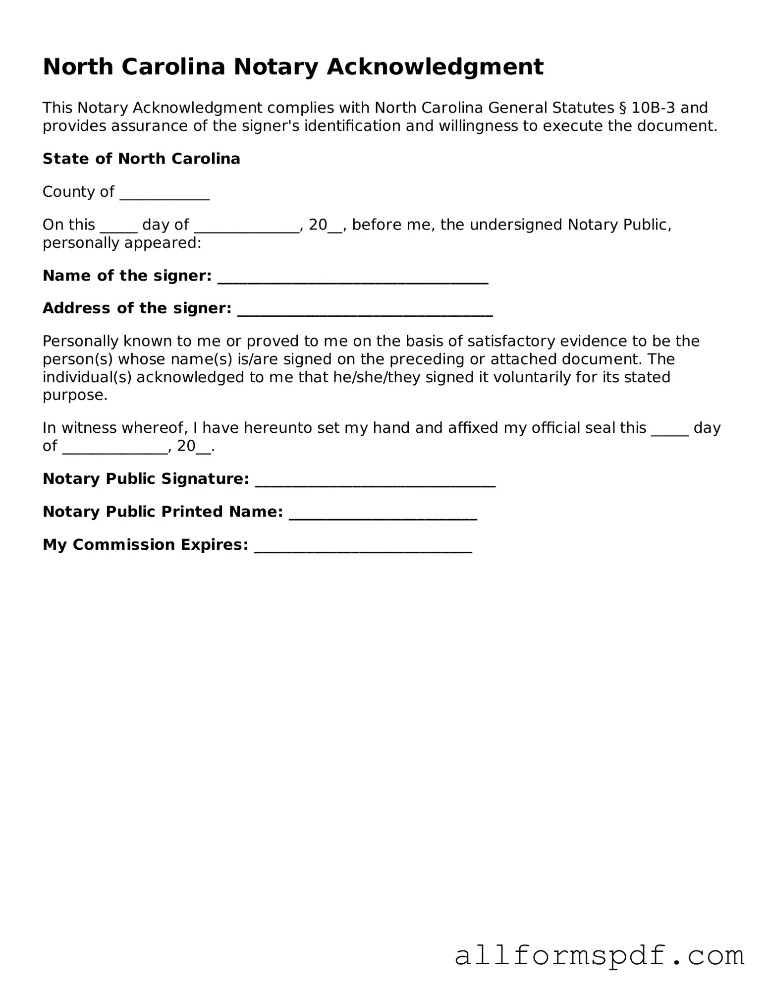 Fillable Notary Acknowledgement Form for North Carolina