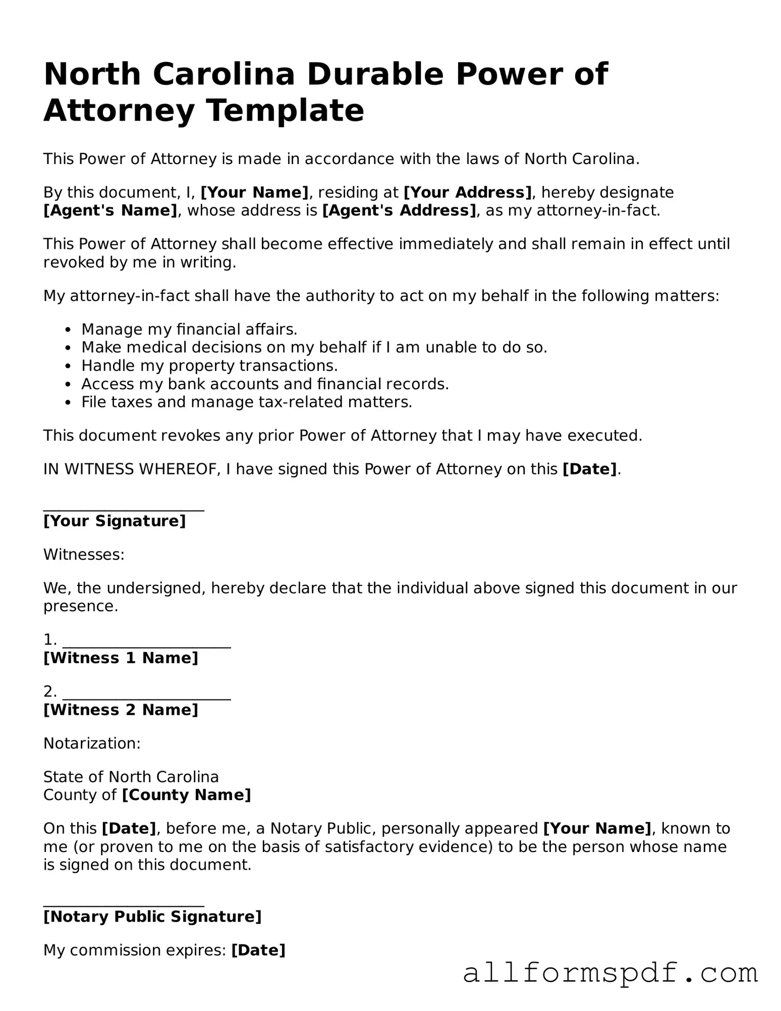 Fillable  Power of Attorney Form for North Carolina