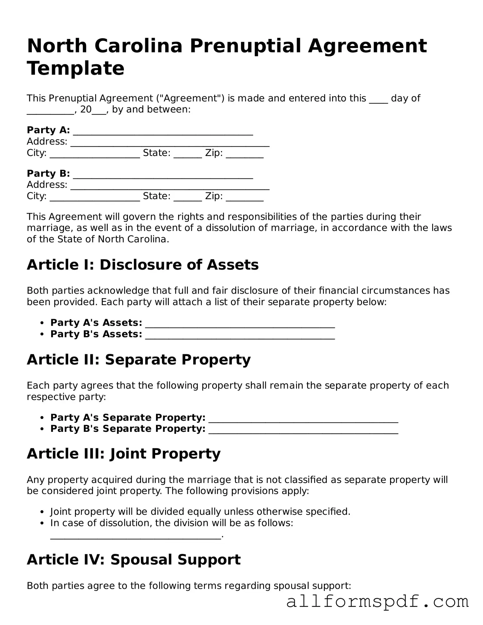 Fillable  Prenuptial Agreement Form for North Carolina