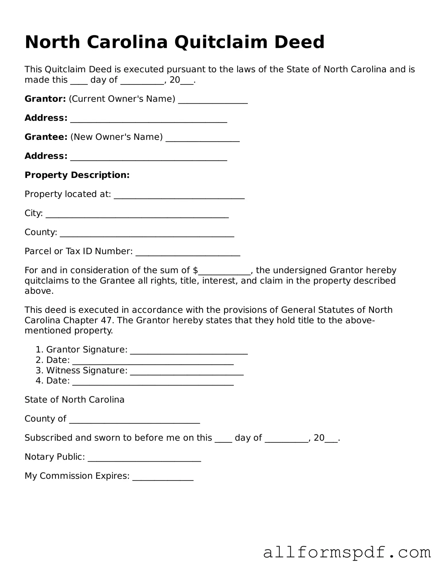 Fillable Quitclaim Deed Form for North Carolina