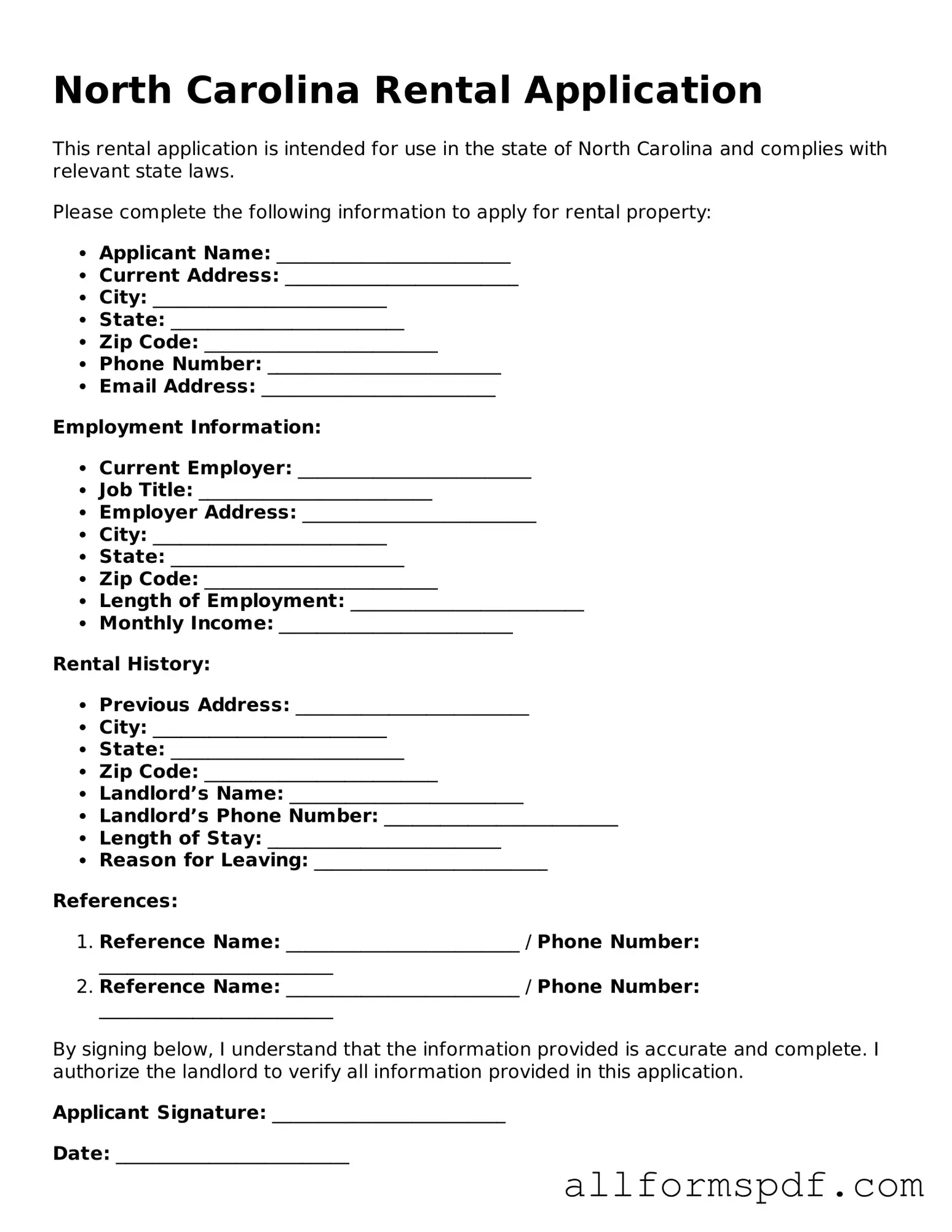 Fillable  Rental Application Form for North Carolina
