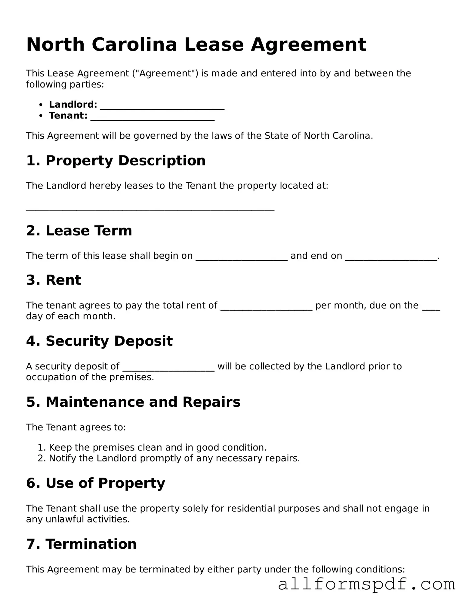 Fillable Lease Agreement Form for North Carolina