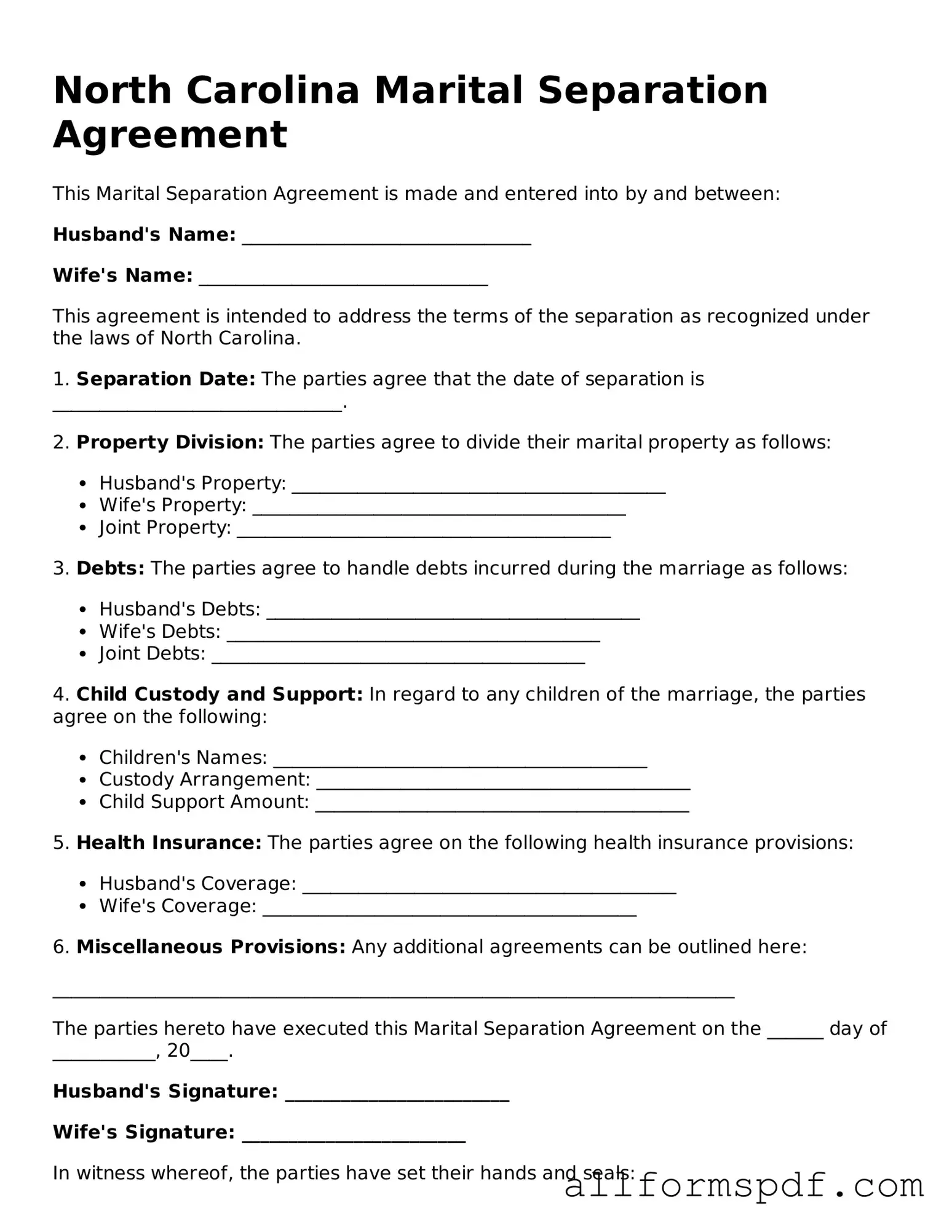 Fillable Marital Separation Agreement Form for North Carolina