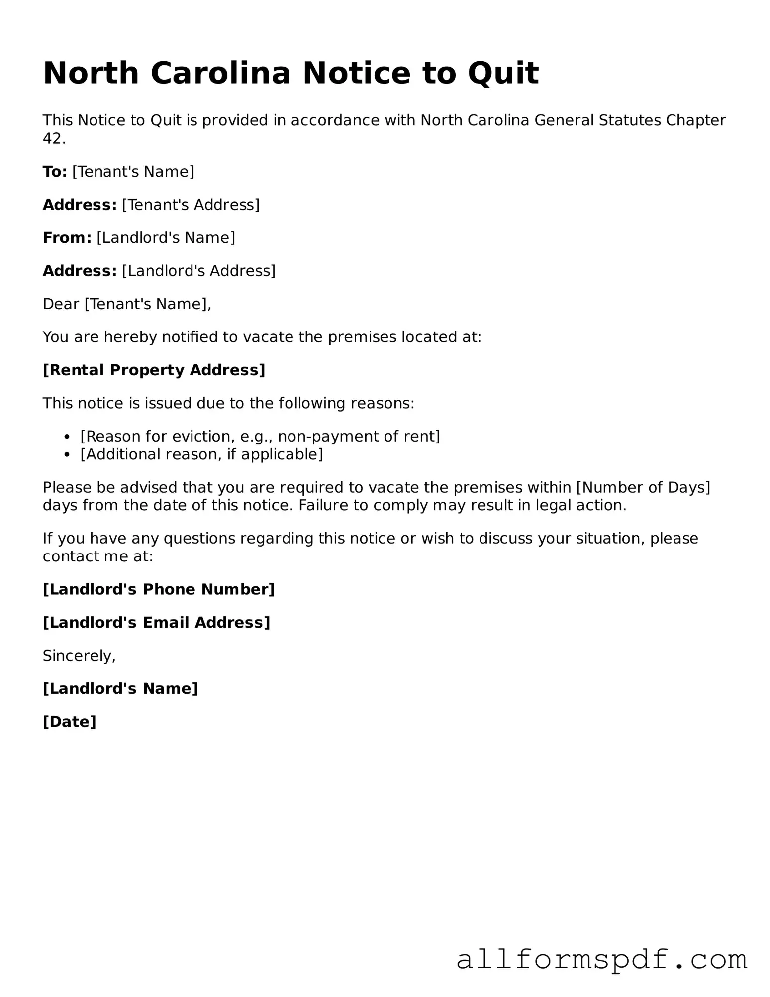 Fillable  Notice to Quit Form for North Carolina