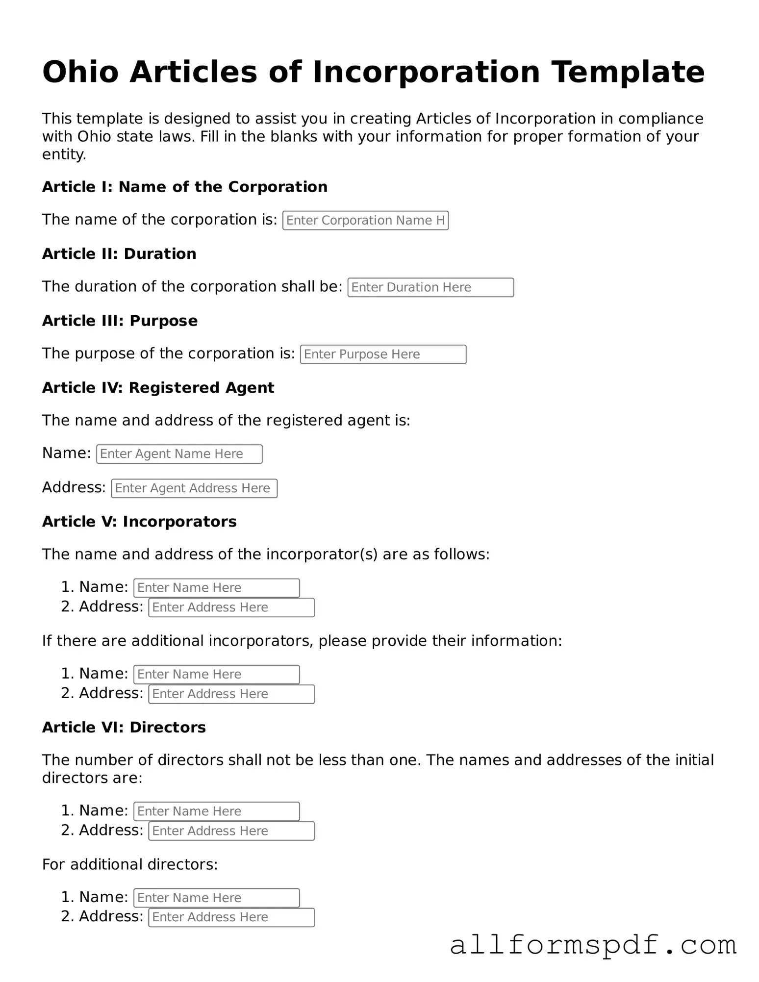 Fillable  Articles of Incorporation Form for Ohio
