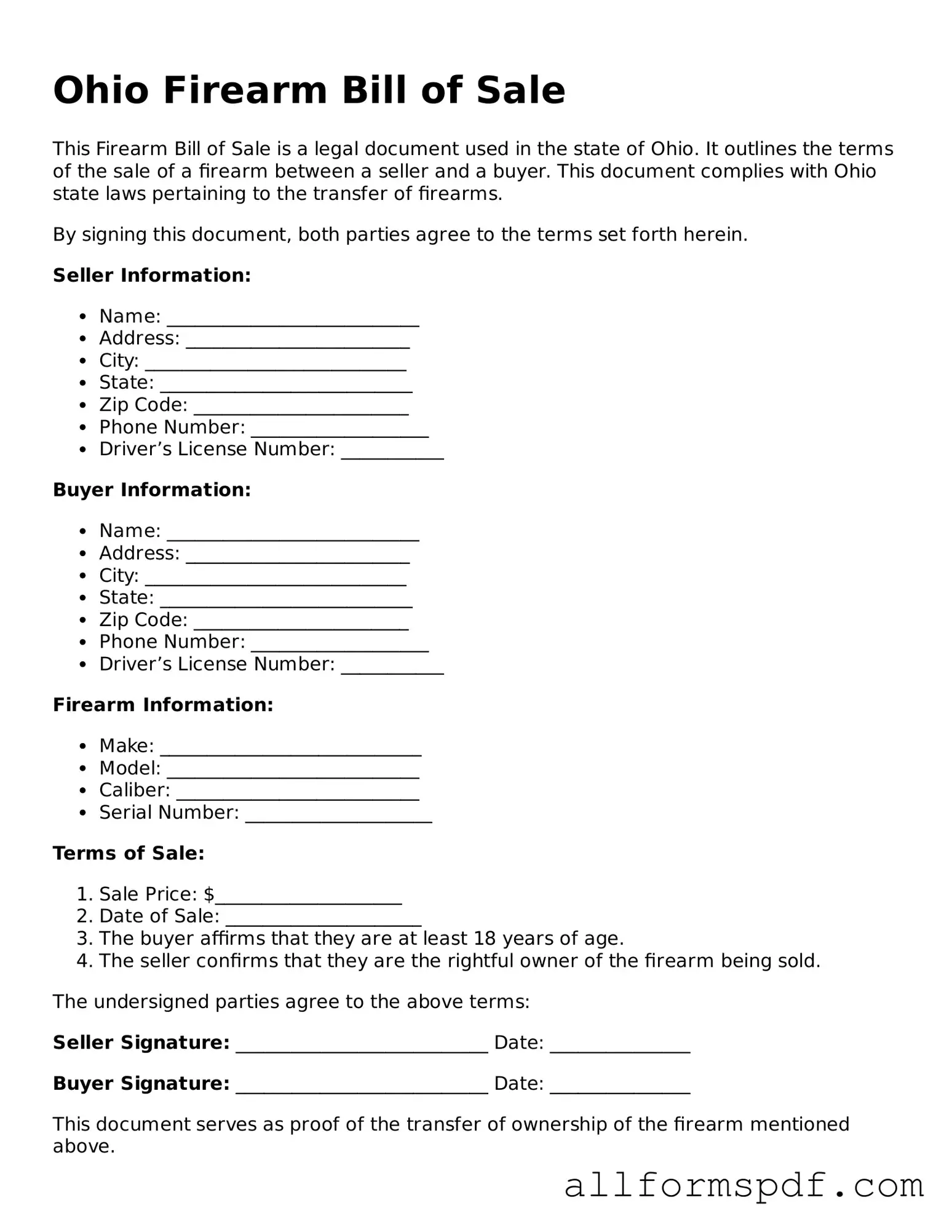 Fillable Firearm Bill of Sale Form for Ohio