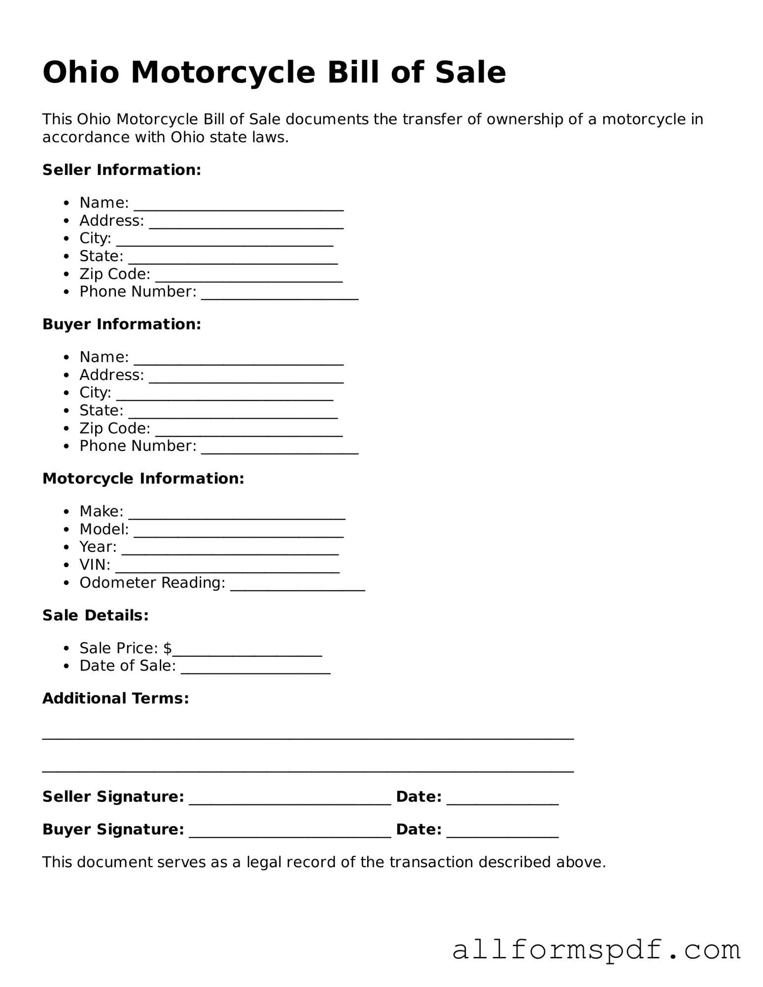 Fillable  Motorcycle Bill of Sale Form for Ohio