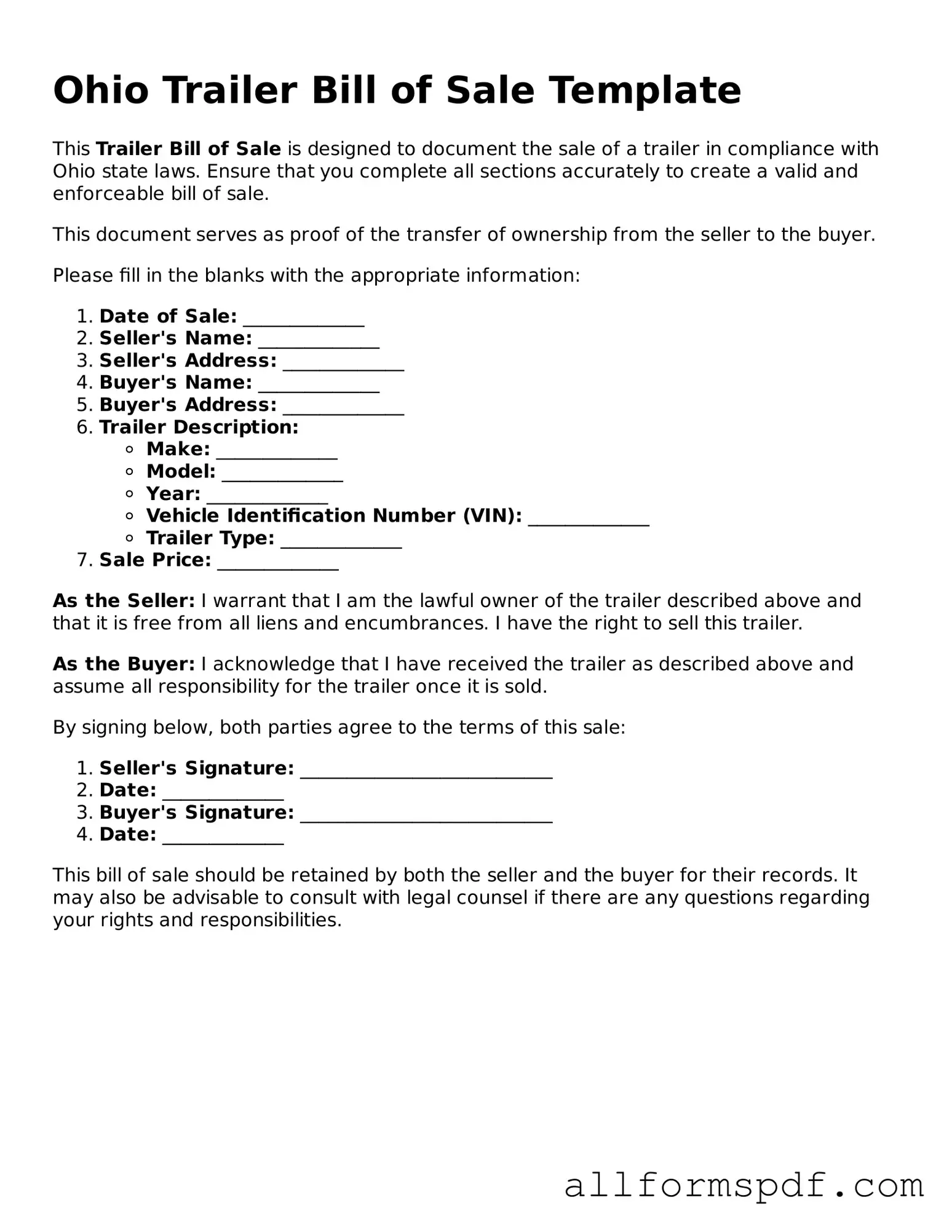 Fillable Trailer Bill of Sale Form for Ohio