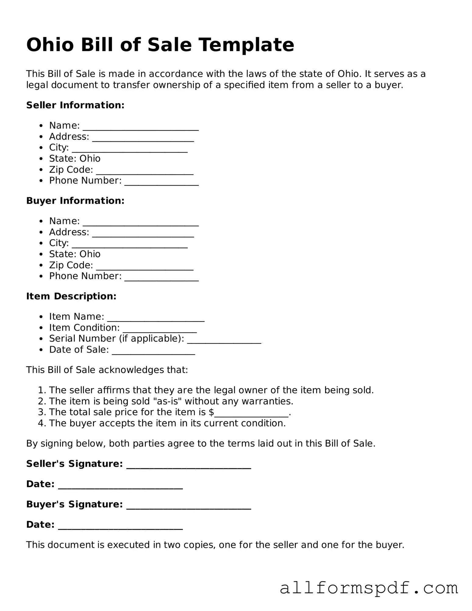 Fillable  Bill of Sale Form for Ohio