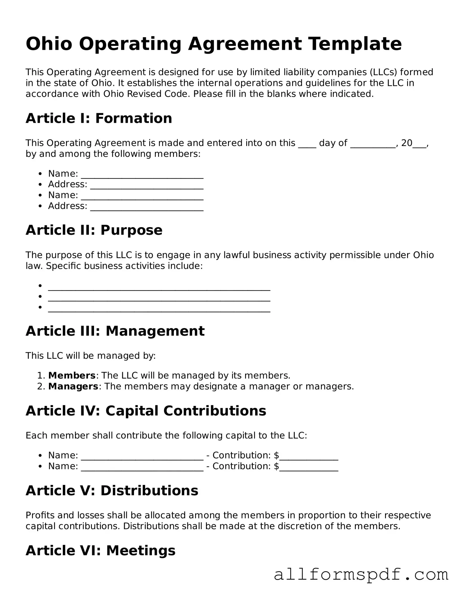 Fillable  Operating Agreement Form for Ohio