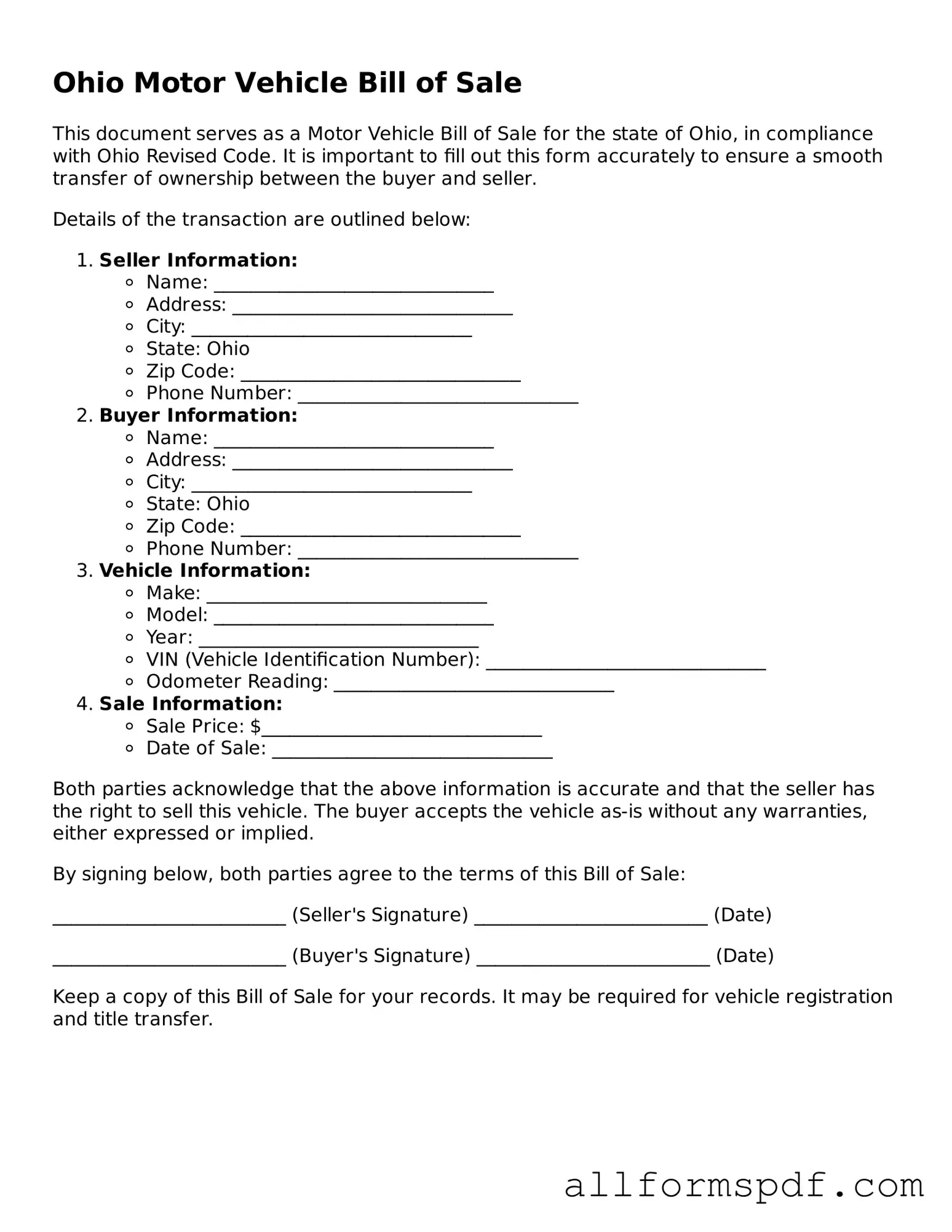 Fillable  Motor Vehicle Bill of Sale Form for Ohio
