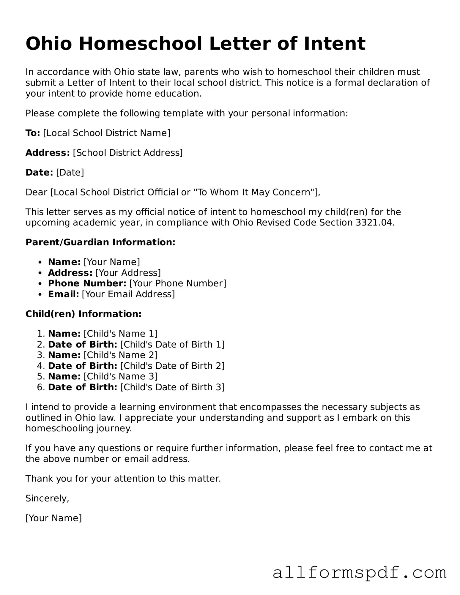 Fillable  Homeschool Letter of Intent Form for Ohio