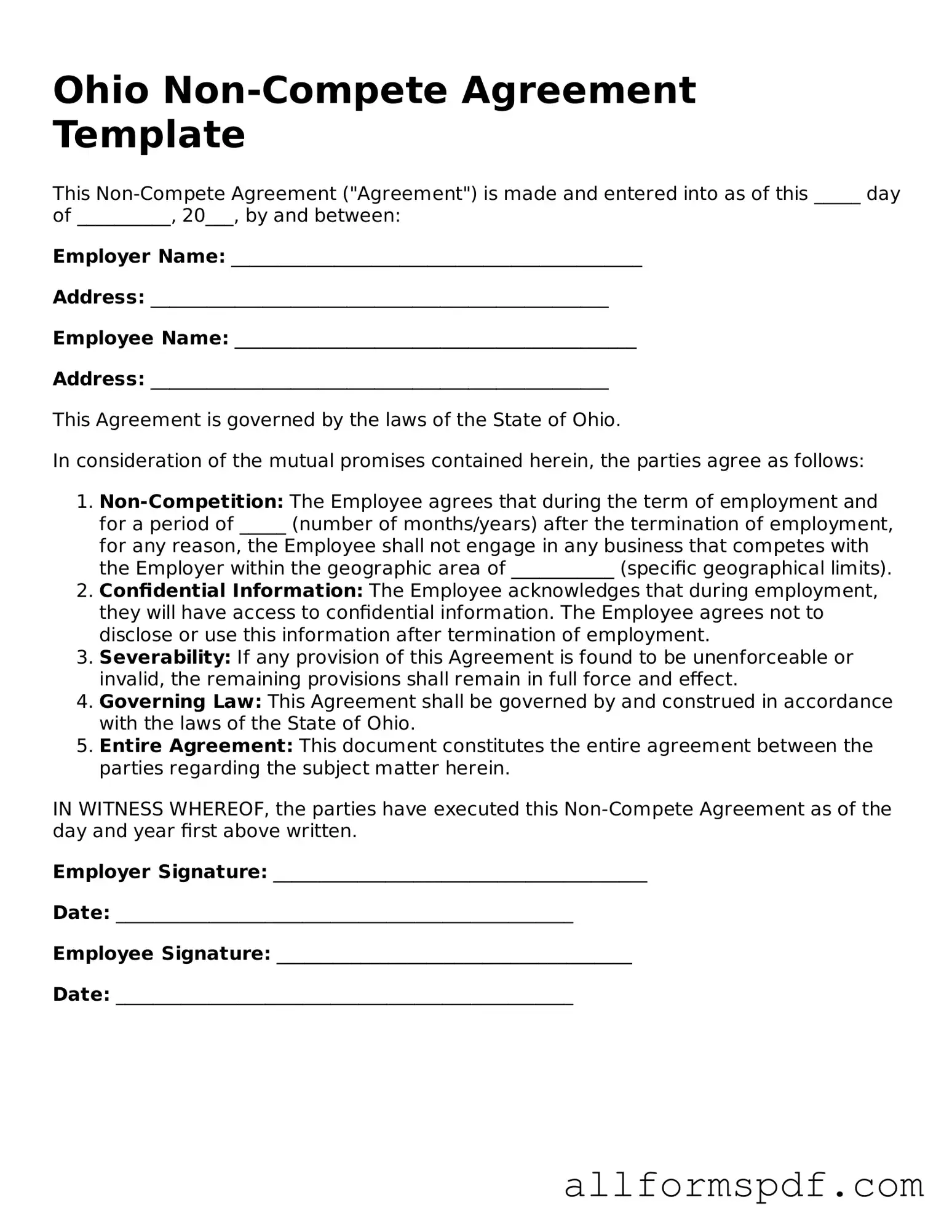 Fillable  Non-compete Agreement Form for Ohio