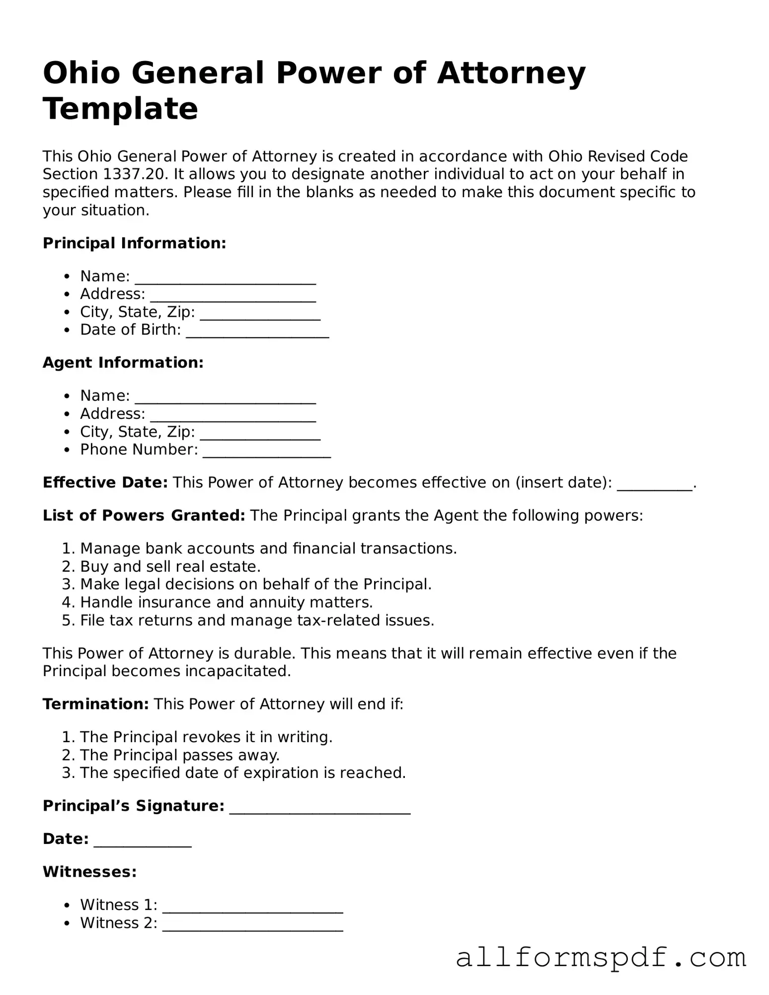 Fillable  Power of Attorney Form for Ohio