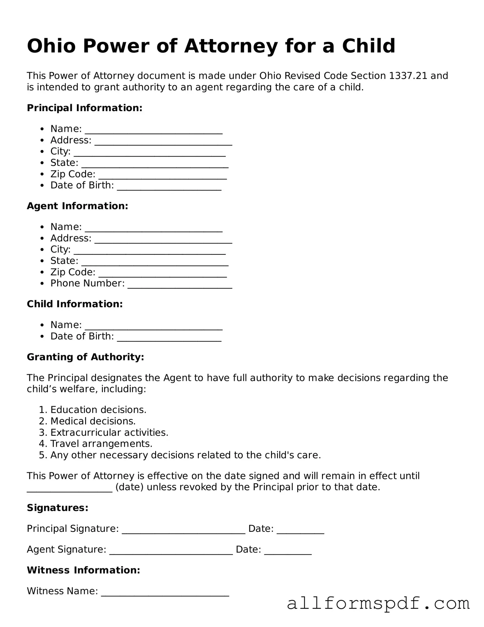 Fillable  Power of Attorney for a Child Form for Ohio