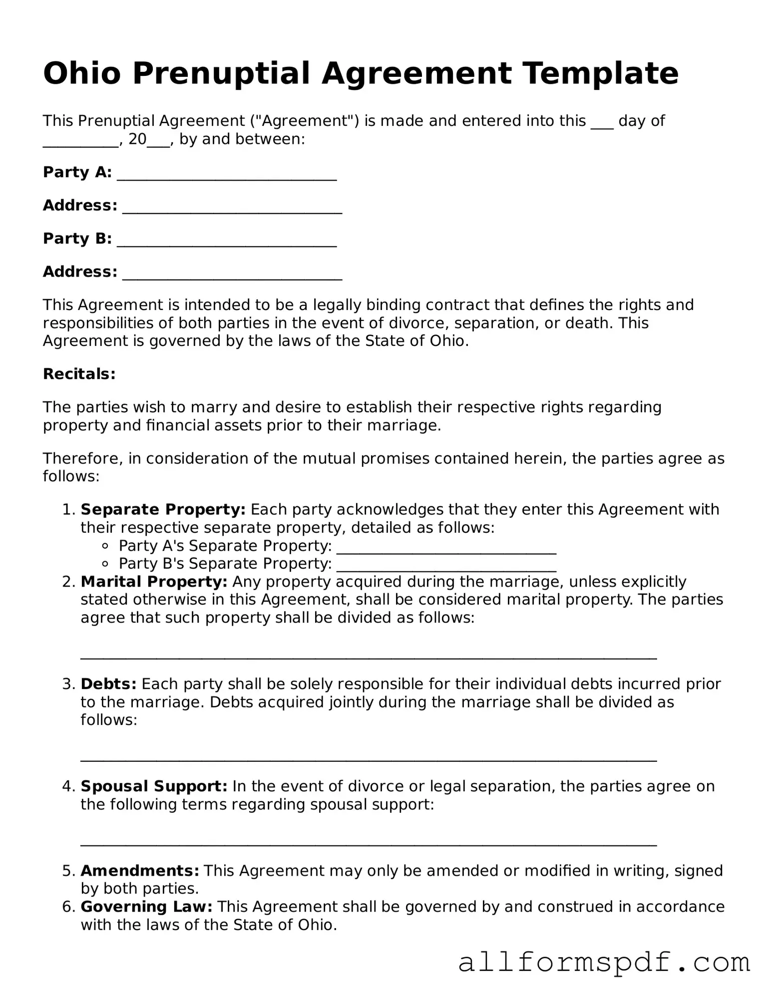 Fillable  Prenuptial Agreement Form for Ohio