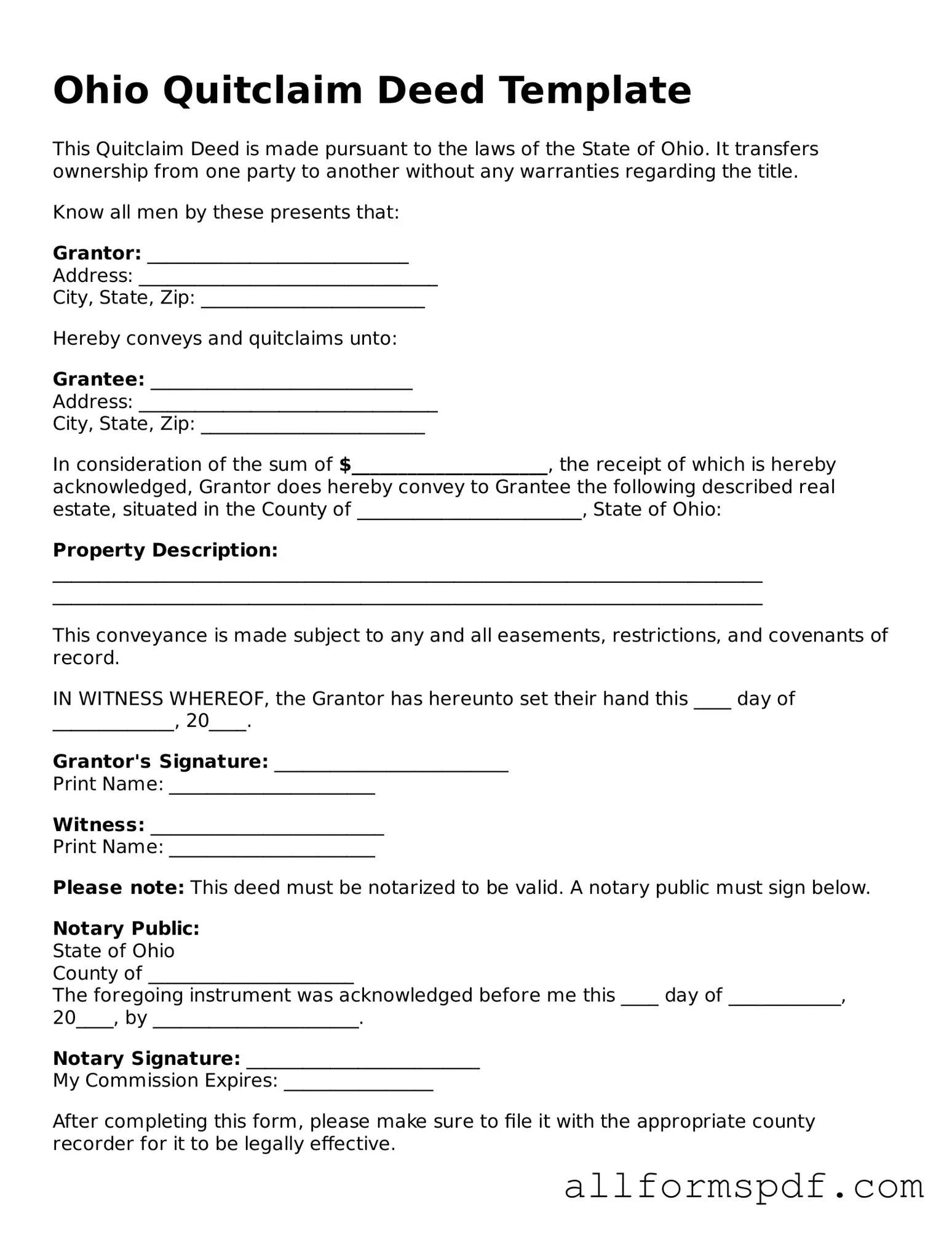 Fillable  Quitclaim Deed Form for Ohio