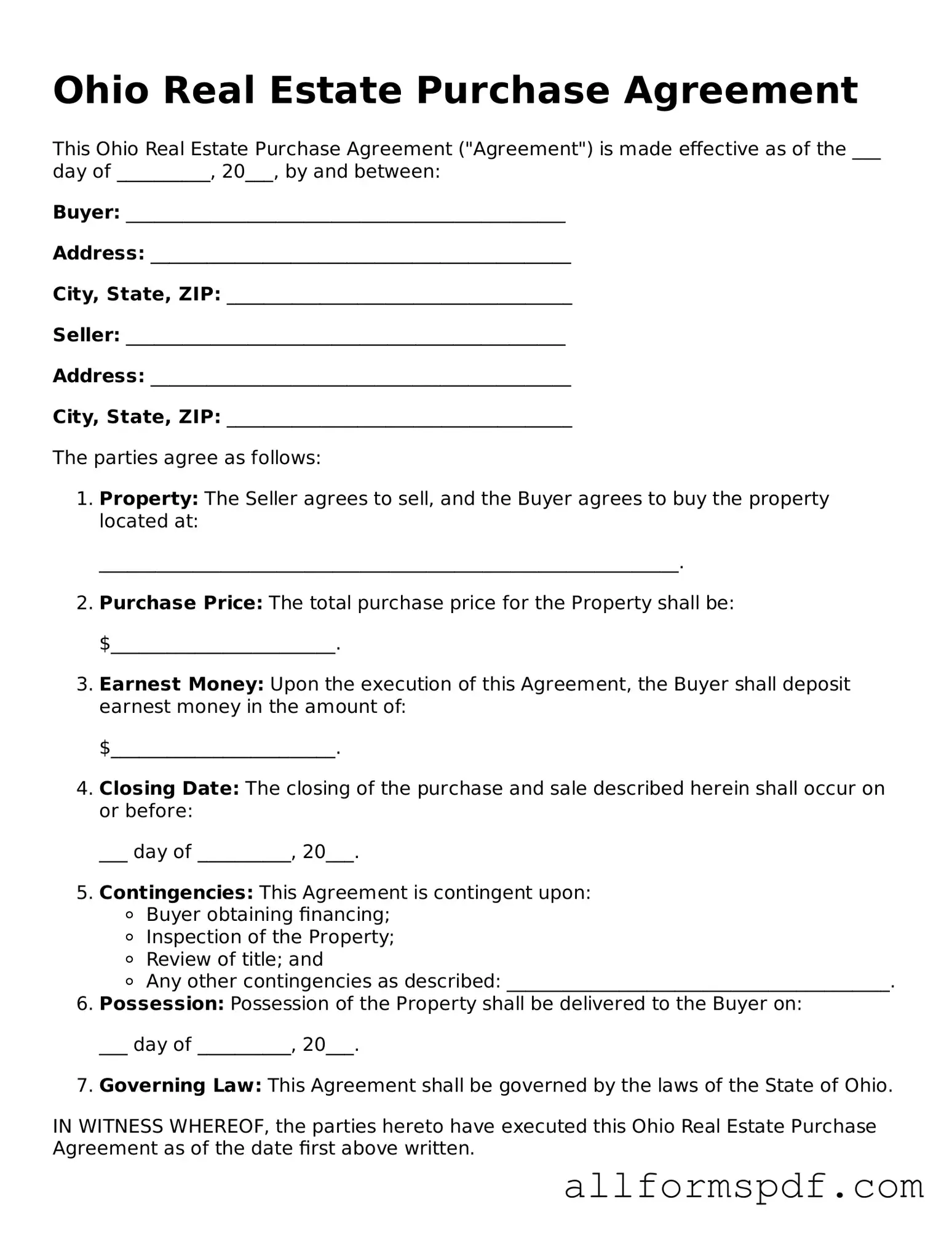 Fillable Real Estate Purchase Agreement Form for Ohio