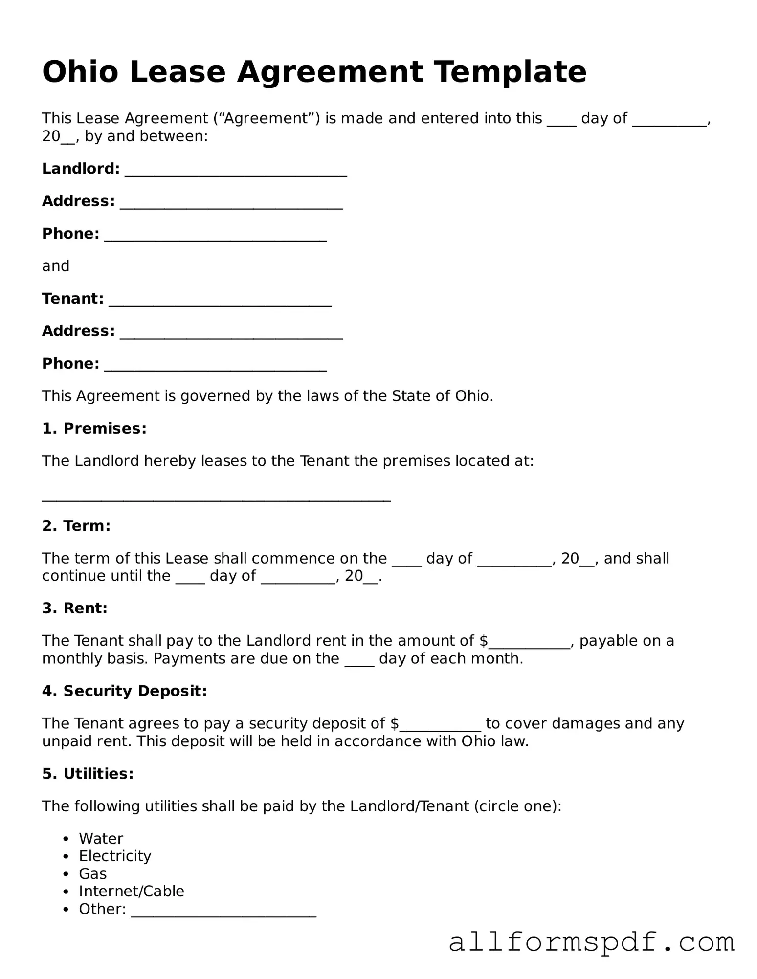 Fillable  Lease Agreement Form for Ohio