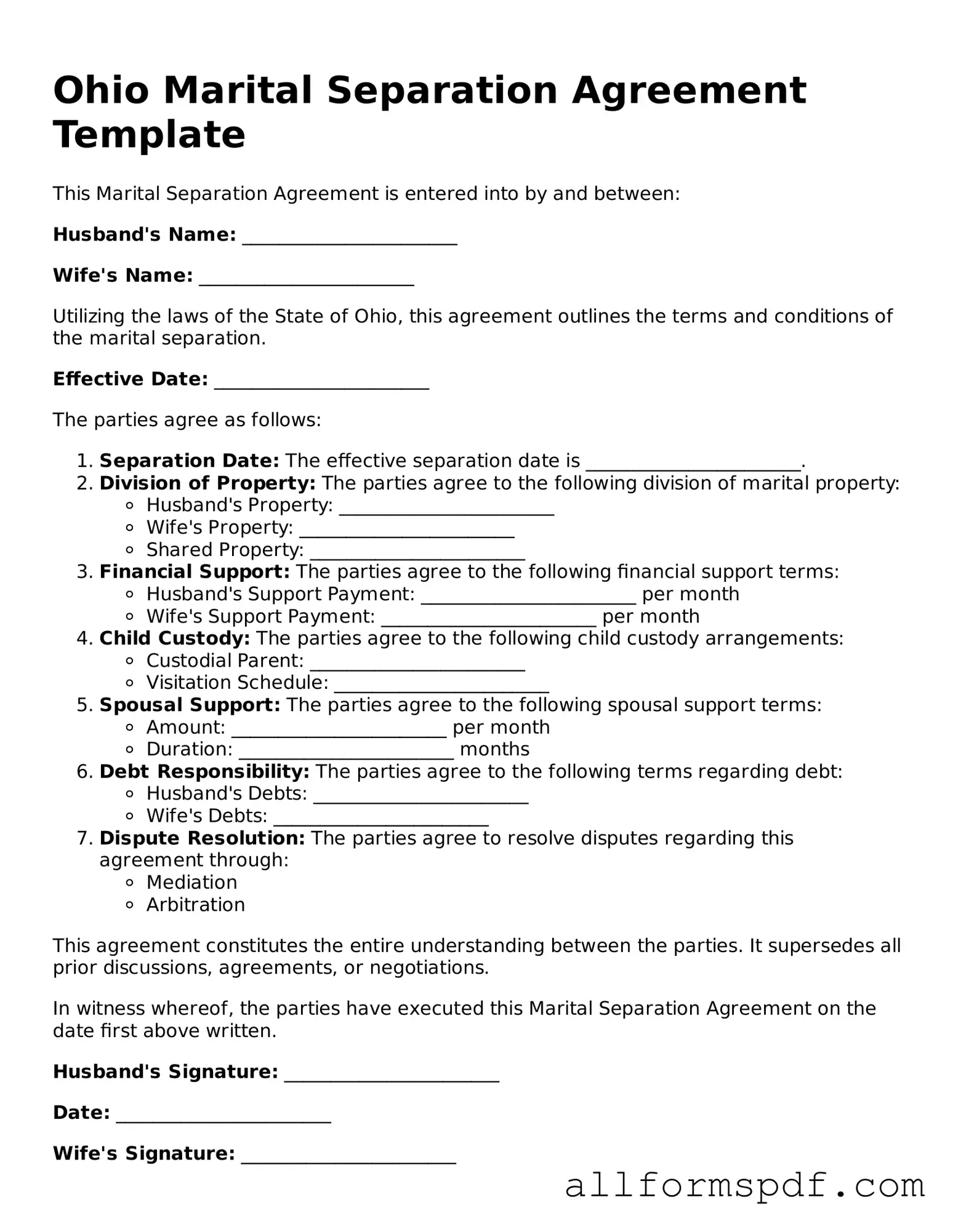 Fillable Marital Separation Agreement Form for Ohio