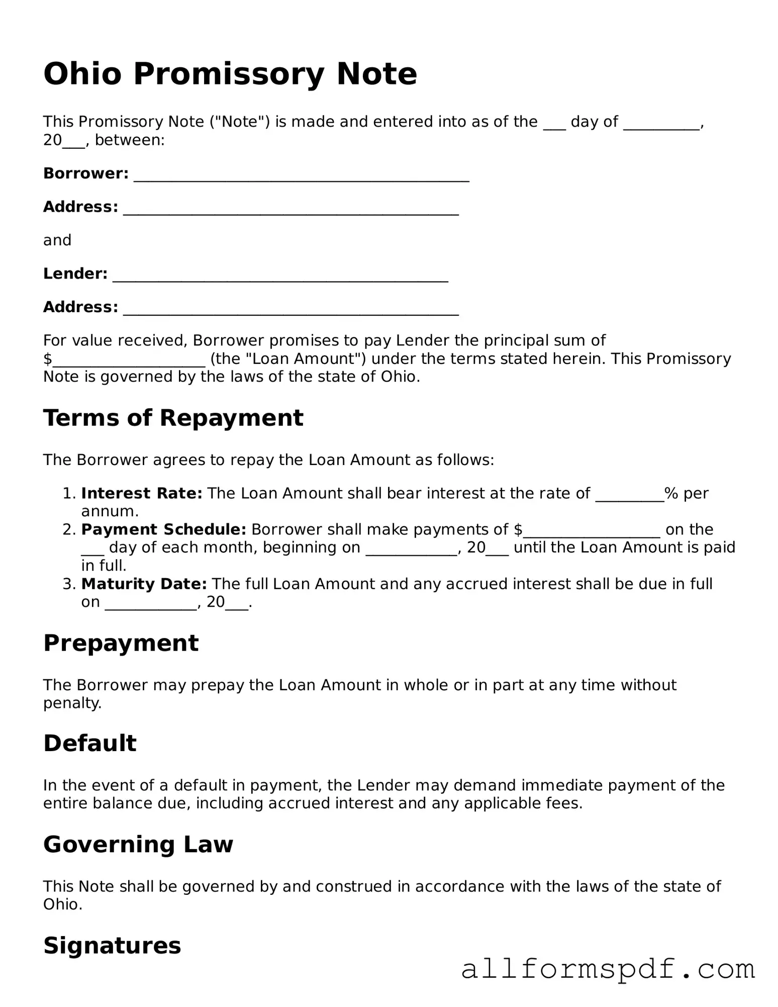 Fillable  Promissory Note Form for Ohio