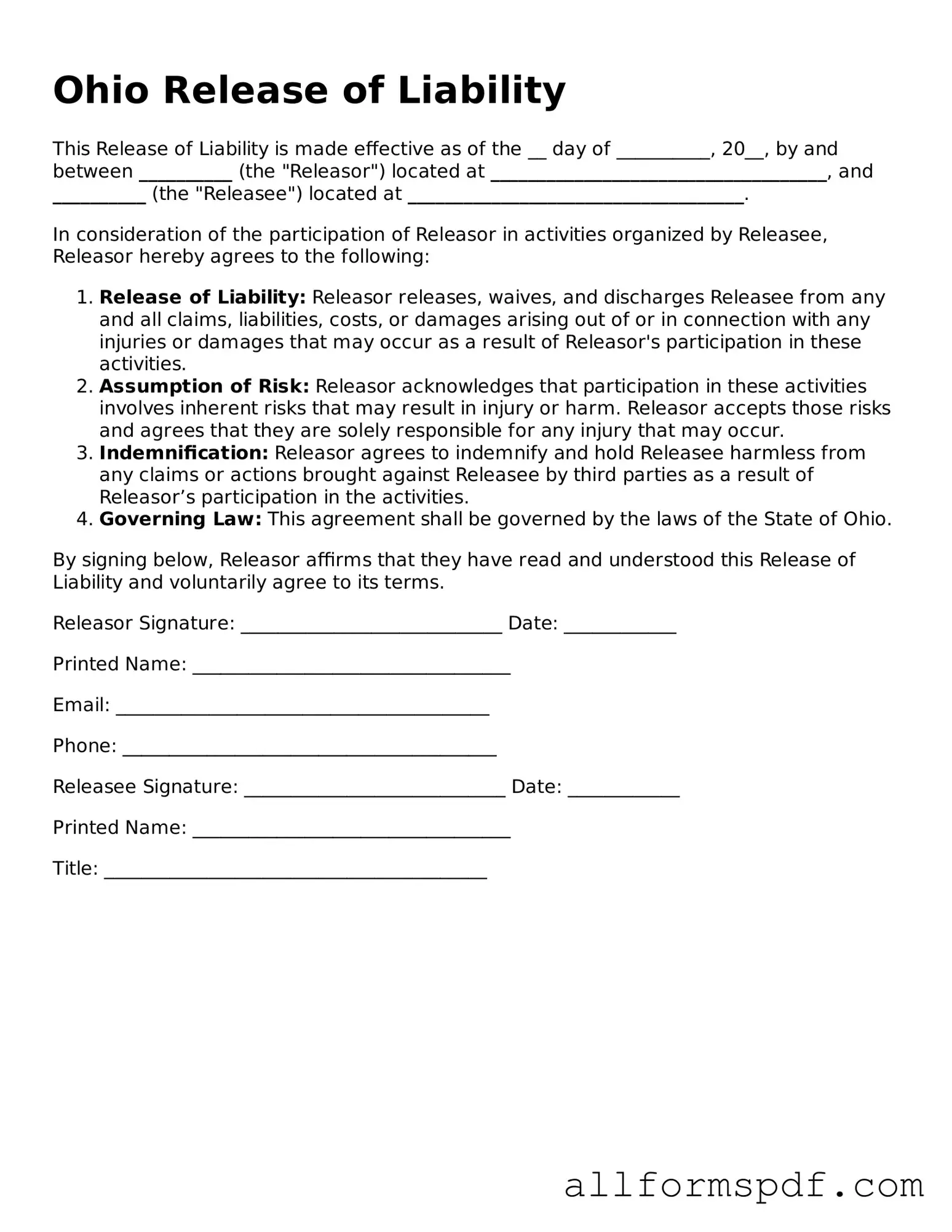 Fillable  Release of Liability Form for Ohio